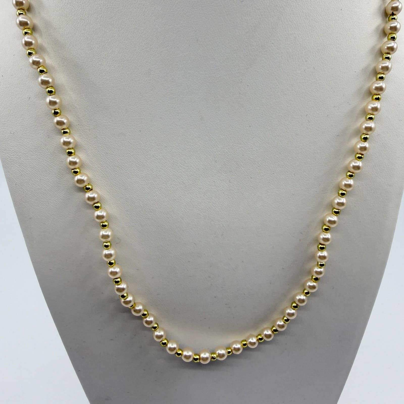 Elegant Cream Faux Pearl and Gold Tone Bead Strand Necklace Minimalist Chic Gift - Thumbnail 2