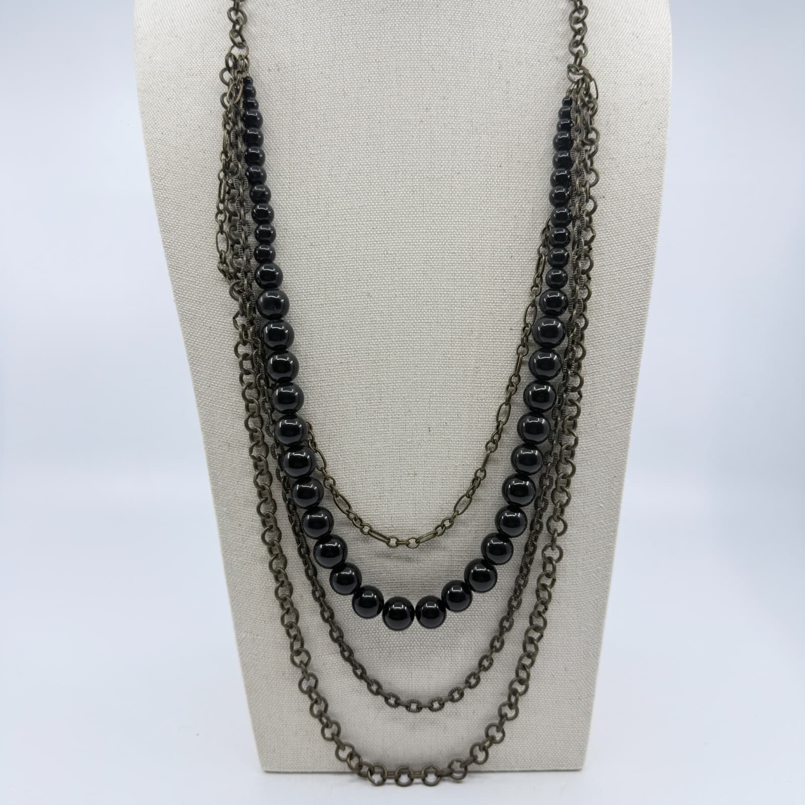Multi Strand Layered Black Bead Necklace Antique Bronze Tone Chain Statement - Thumbnail 2