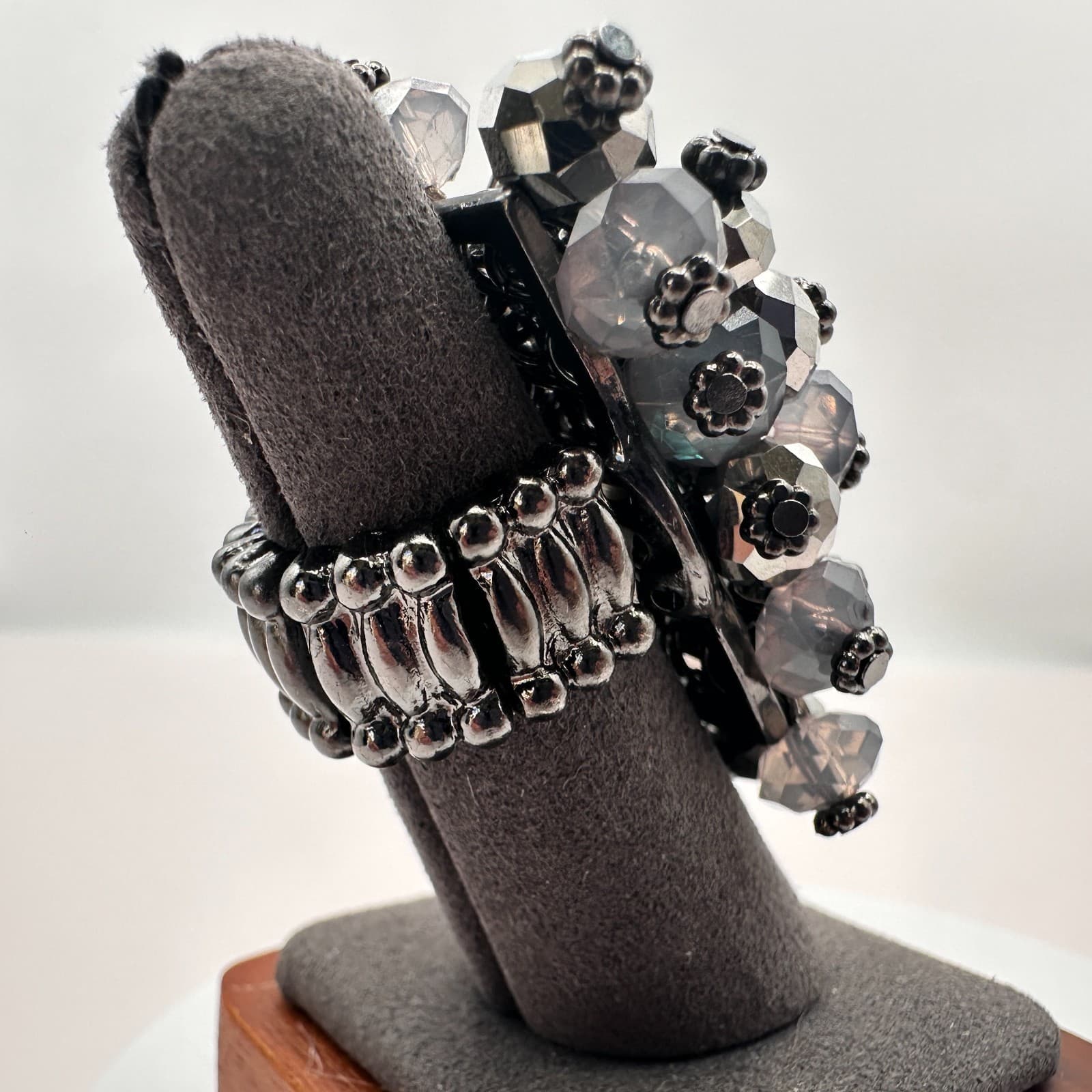 Vintage Silver Faux Hematite Black Diamond Cluster Stretch Ring Cocktail Boho - Thumbnail 3