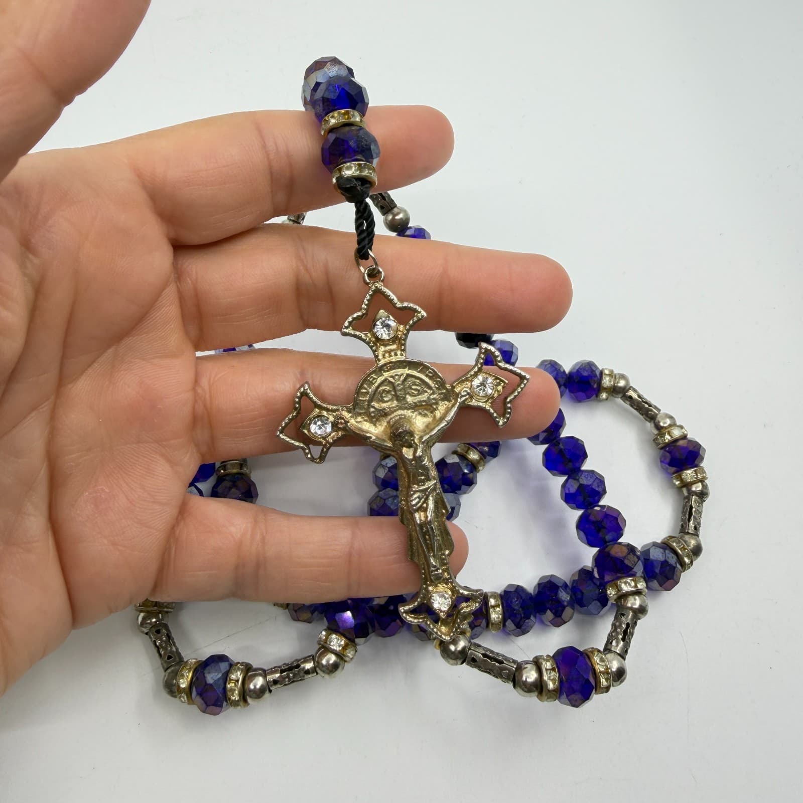 Deep Blue Crystal Beads Rosary Necklace with Rhinestone Crucifix Statement Piece - Thumbnail 9