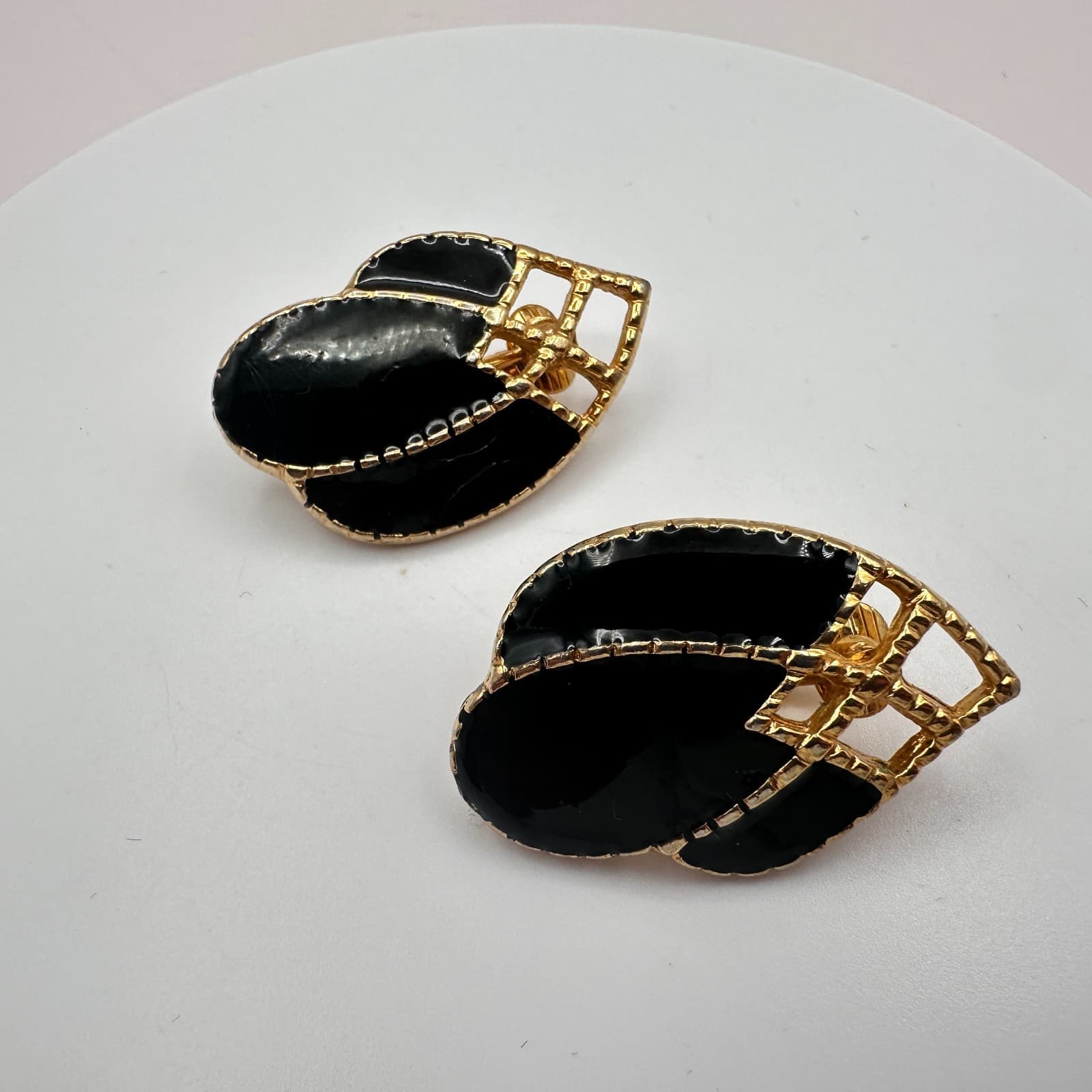 Vintage 90s Gold Tone Black Enamel Abstract Teardrop Earrings Women's Jewelry - Thumbnail 5