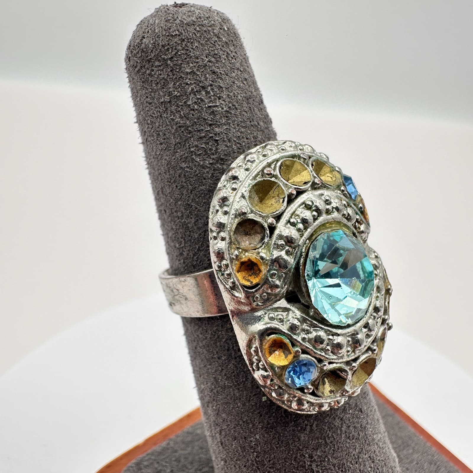 Vintage 90s Silver Tone Rhinestone Statement Ring Boho Women's Classic Jewelry - Thumbnail 3