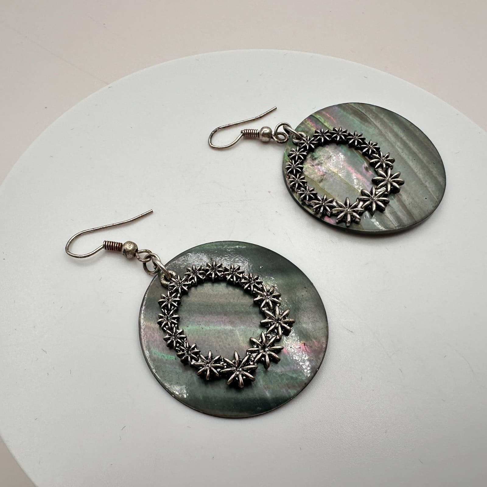 Vintage 90s Silver Tone Iridescent Floral Dangle Earrings Women's Jewelry Retro - Thumbnail 3