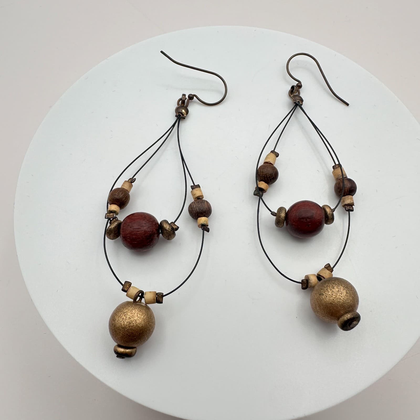 Vintage 90s Wooden Brass Tone Beaded Teardrop Dangle Earrings Women's Jewelry - Thumbnail 4