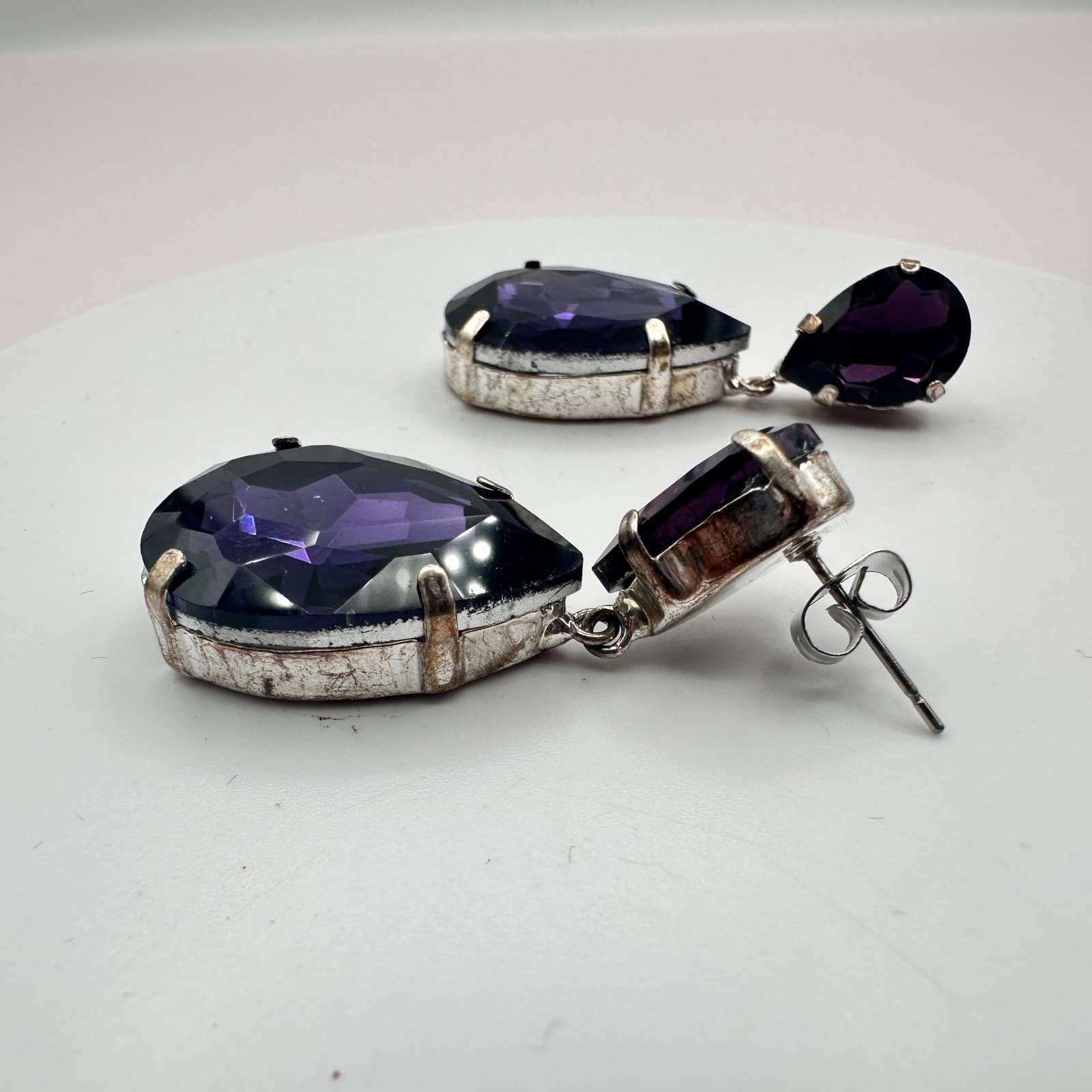 Vintage 90s Silver Tone Purple Teardrop Dangle Earrings Women's Classic Jewelry - Thumbnail 8