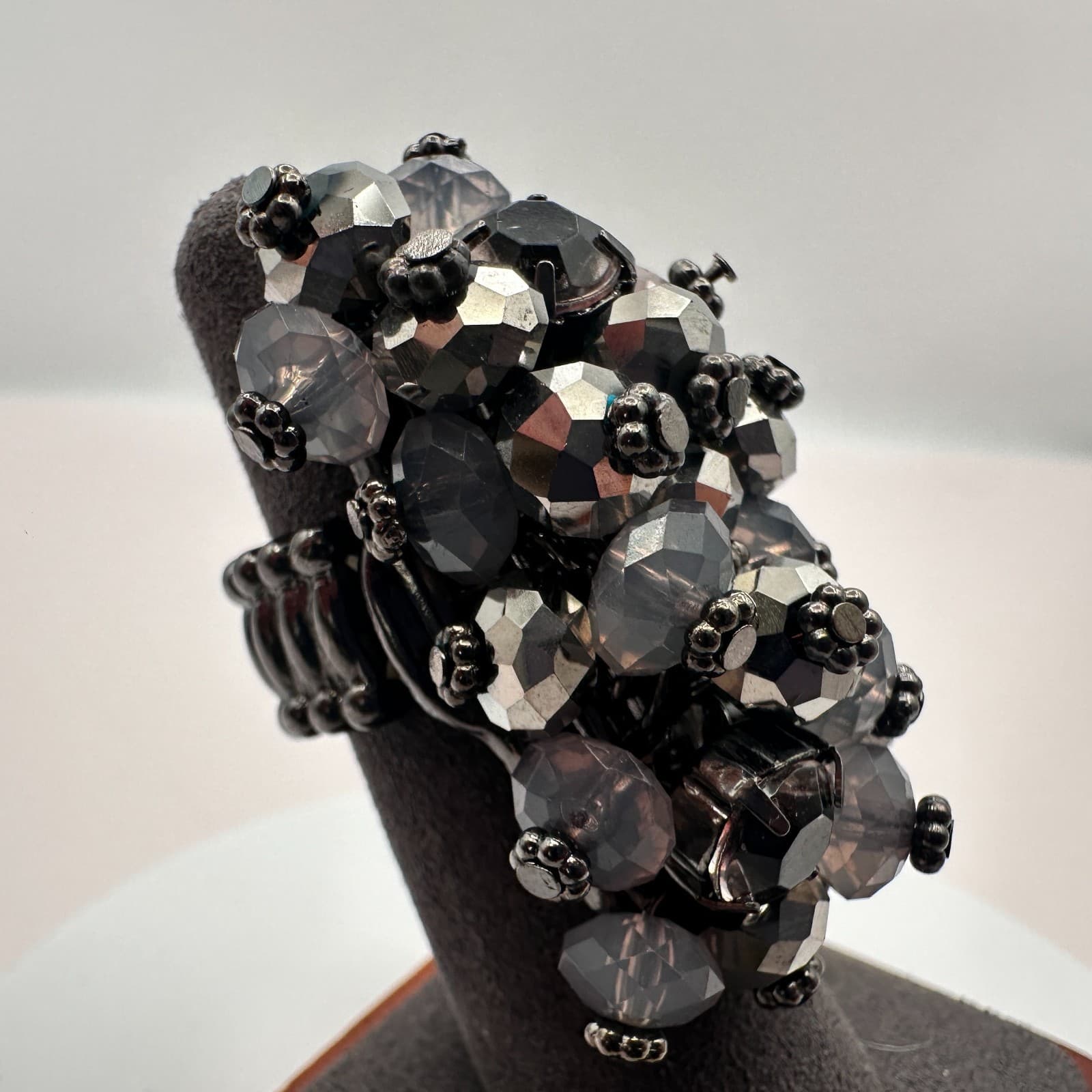 Vintage Silver Faux Hematite Black Diamond Cluster Stretch Ring Cocktail Boho - Thumbnail 4