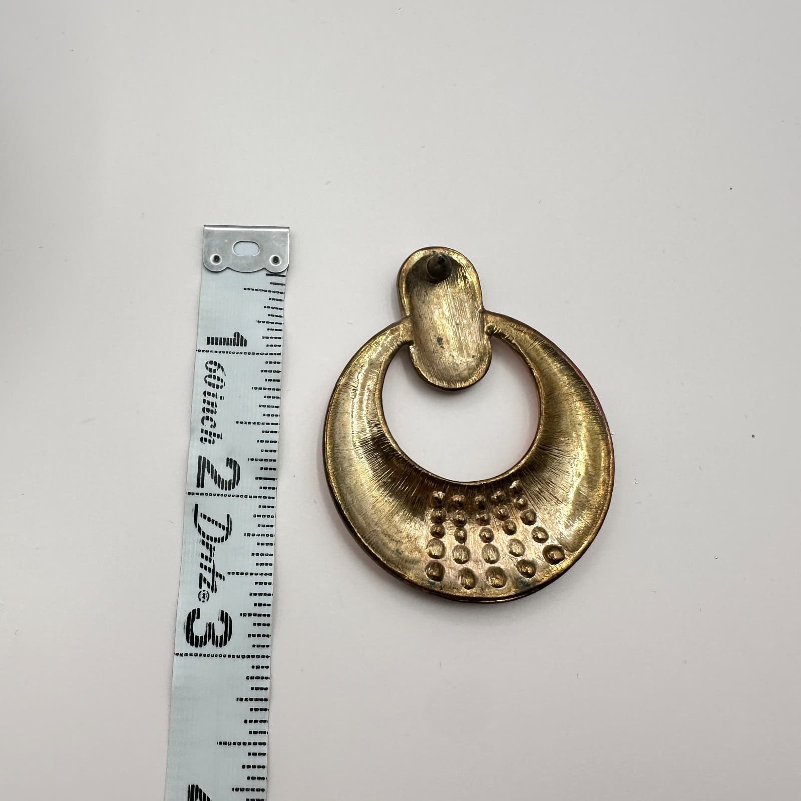 Vintage 80s Gold Tone Peach Enamel Rhinestone Door Knocker Earrings Jewelry Boho - Thumbnail 9