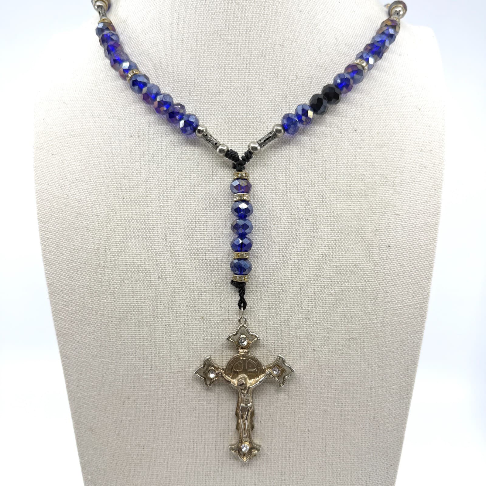 Deep Blue Crystal Beads Rosary Necklace with Rhinestone Crucifix Statement Piece - Thumbnail 3