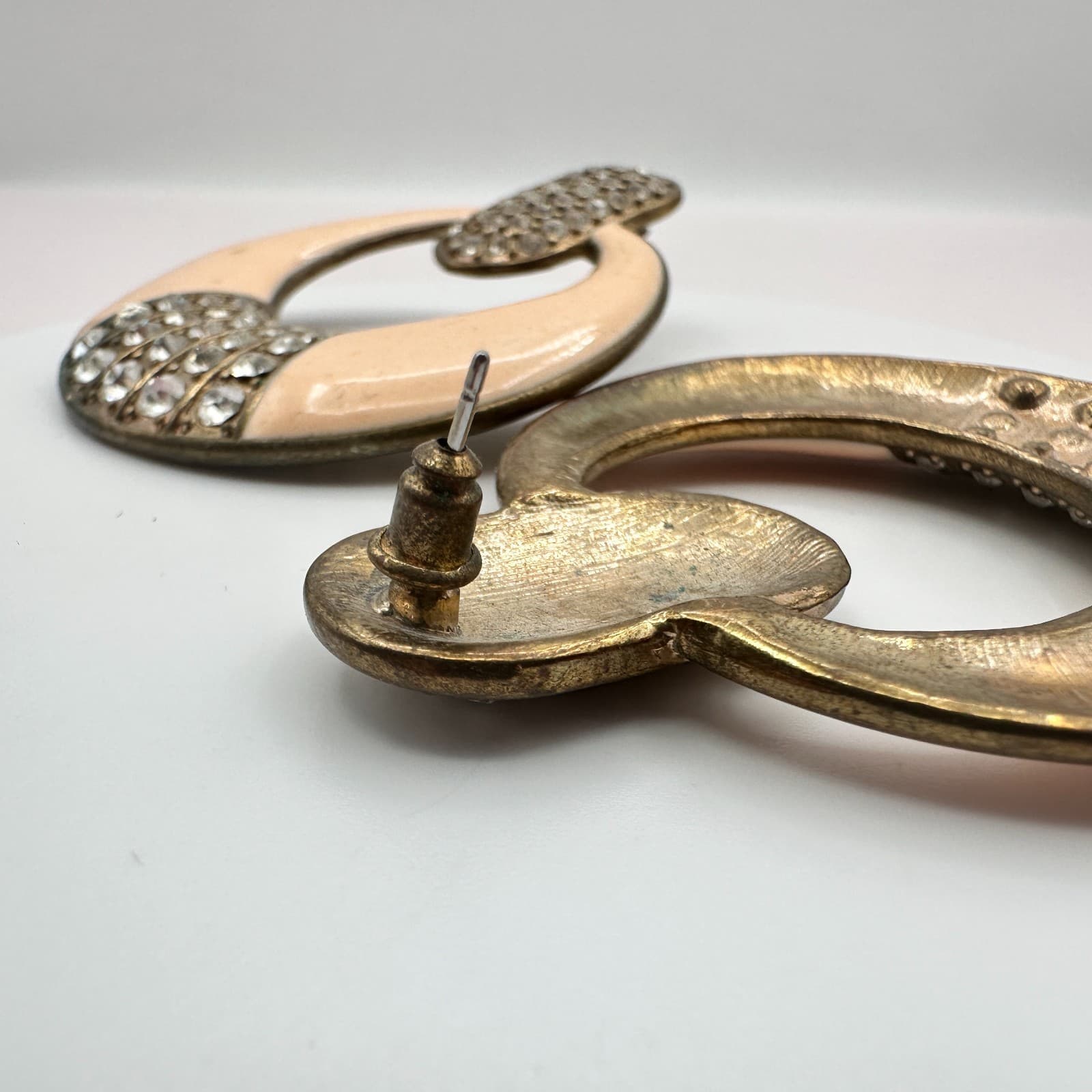 Vintage 80s Gold Tone Peach Enamel Rhinestone Door Knocker Earrings Jewelry Boho - Thumbnail 3