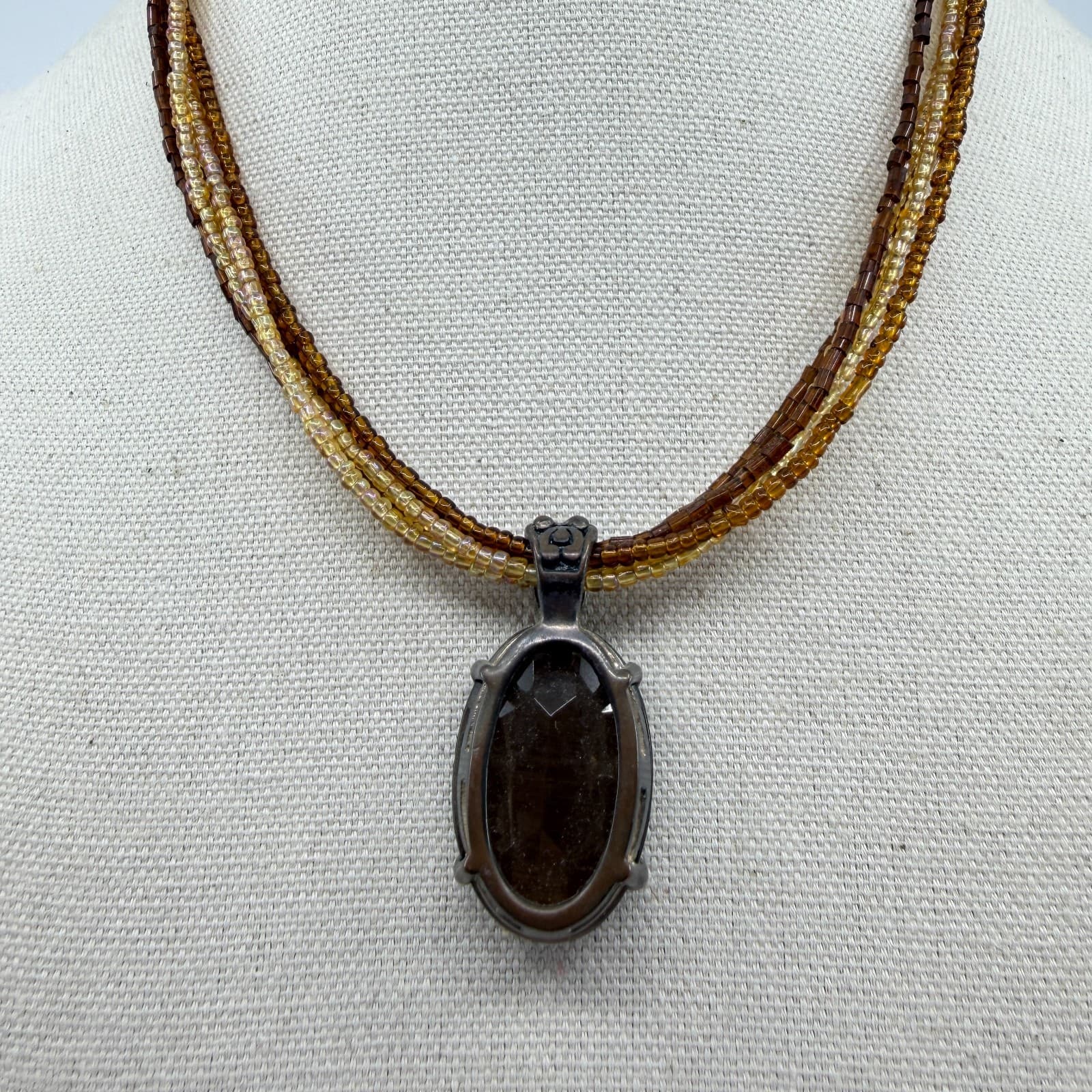 Multi-Strand Beaded Necklace with Oval Brown Gemstone Pendant Boho Statement - Thumbnail 3