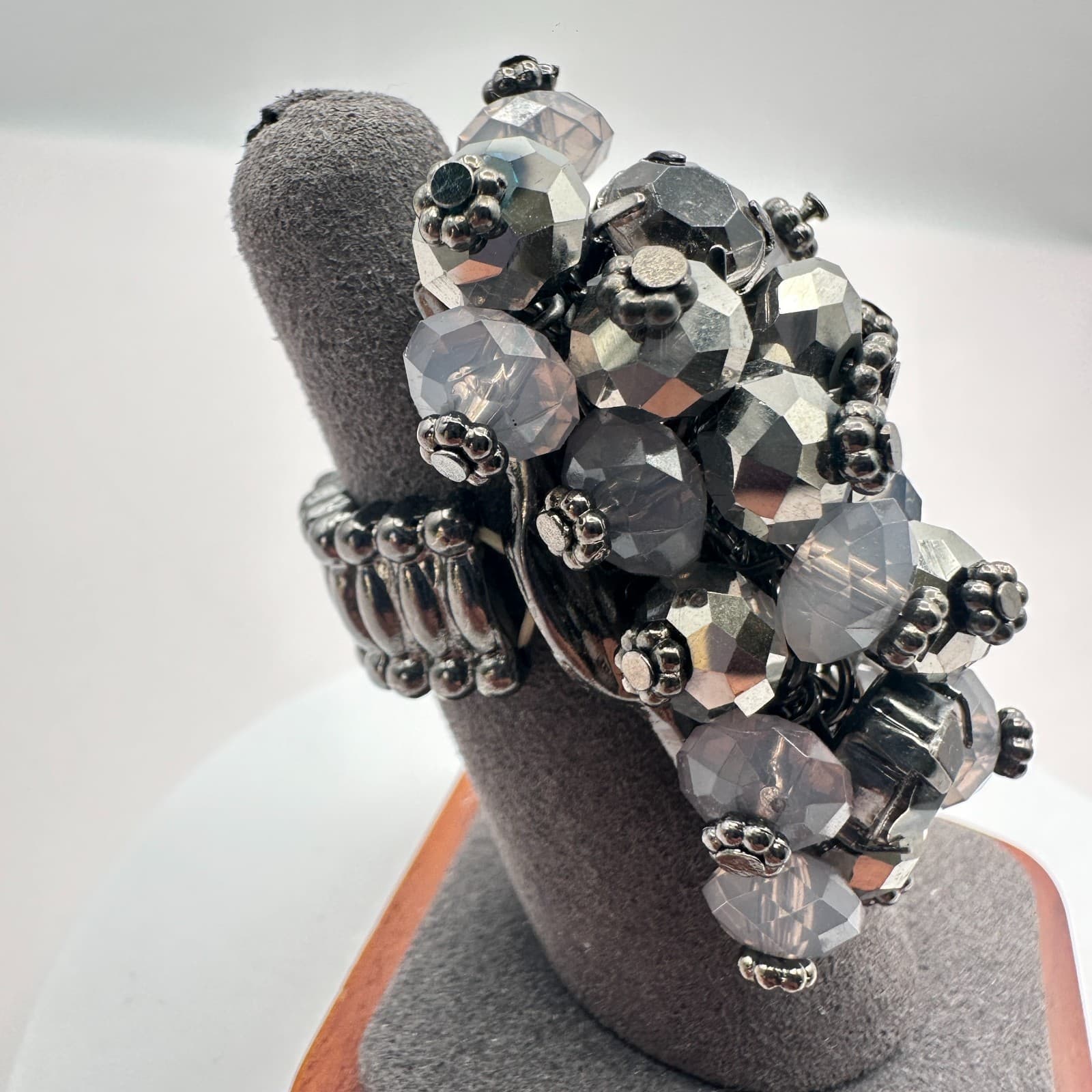 Vintage Silver Faux Hematite Black Diamond Cluster Stretch Ring Cocktail Boho - Thumbnail 2