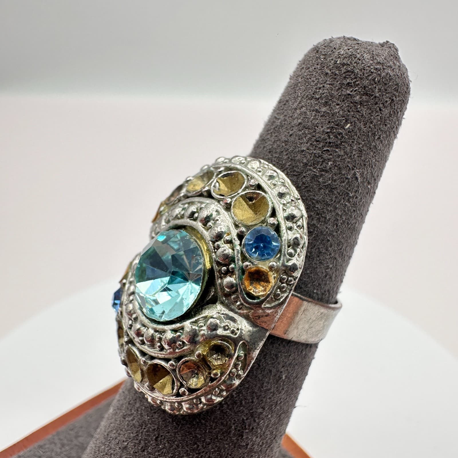 Vintage 90s Silver Tone Rhinestone Statement Ring Boho Women's Classic Jewelry - Thumbnail 4