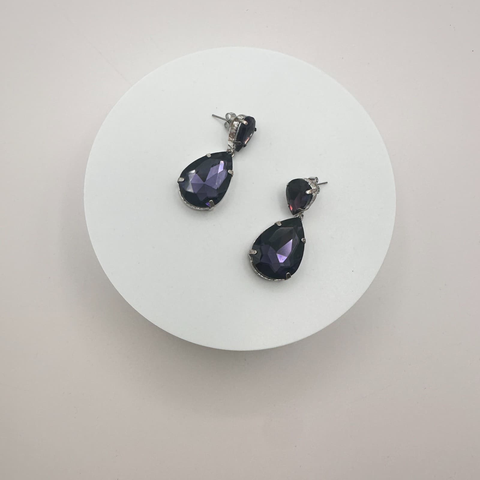 Vintage 90s Silver Tone Purple Teardrop Dangle Earrings Women's Classic Jewelry - Thumbnail 3