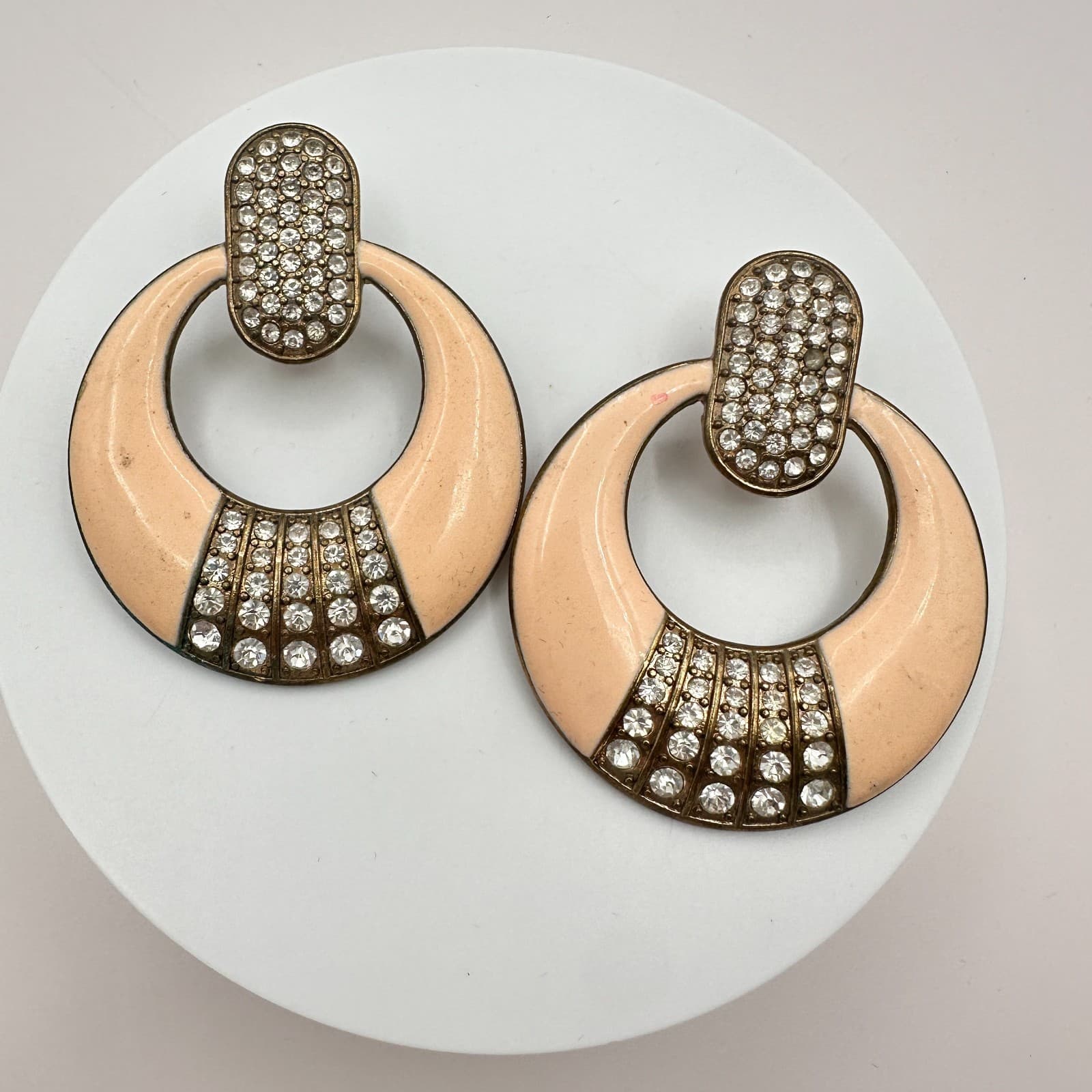 Vintage 80s Gold Tone Peach Enamel Rhinestone Door Knocker Earrings Jewelry Boho - Thumbnail 2