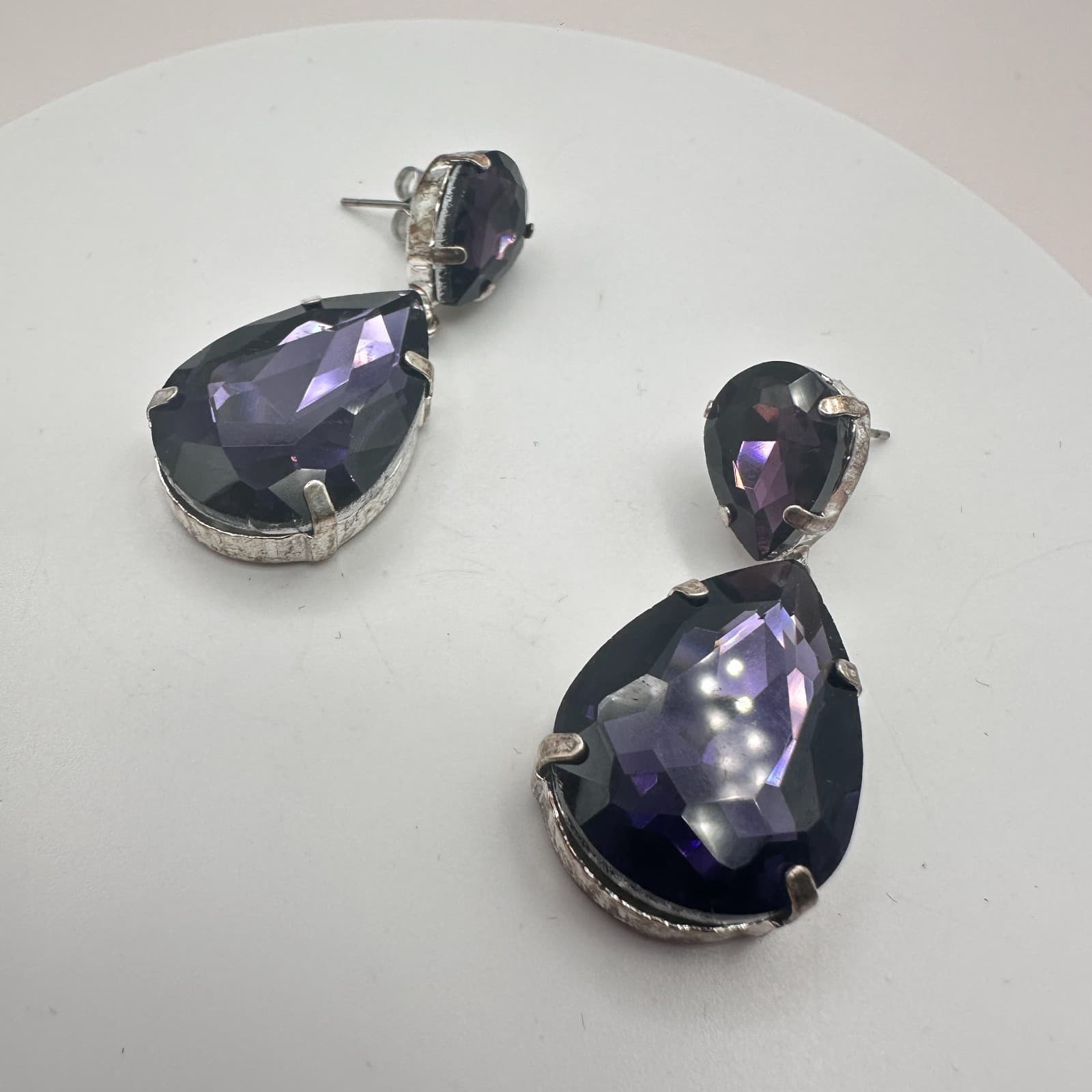 Vintage 90s Silver Tone Purple Teardrop Dangle Earrings Women's Classic Jewelry - Thumbnail 6