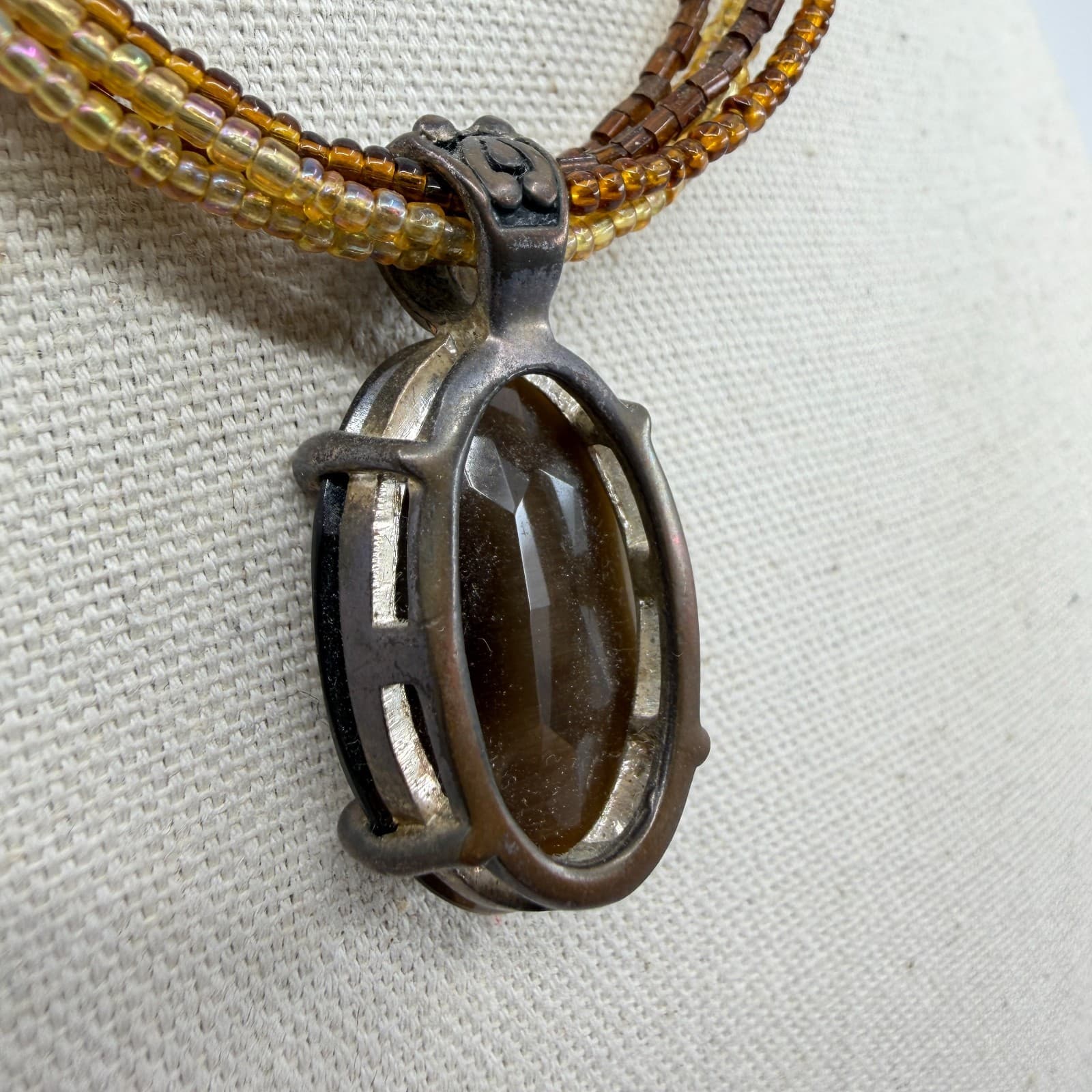 Multi-Strand Beaded Necklace with Oval Brown Gemstone Pendant Boho Statement - Thumbnail 4
