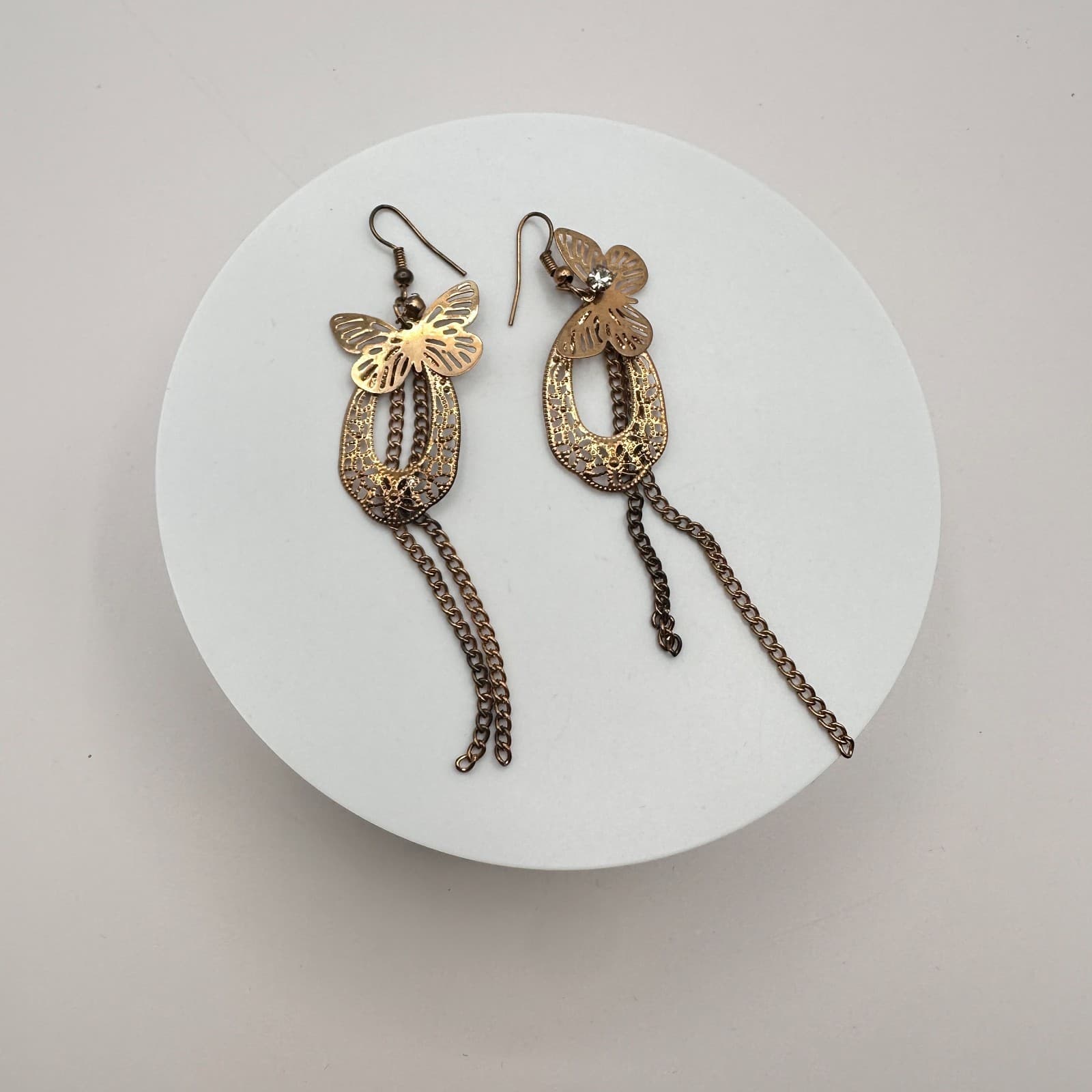 Vintage 90s Gold Tone Butterfly Filigree Dangle Earrings Women's Classic Jewelry - Thumbnail 7
