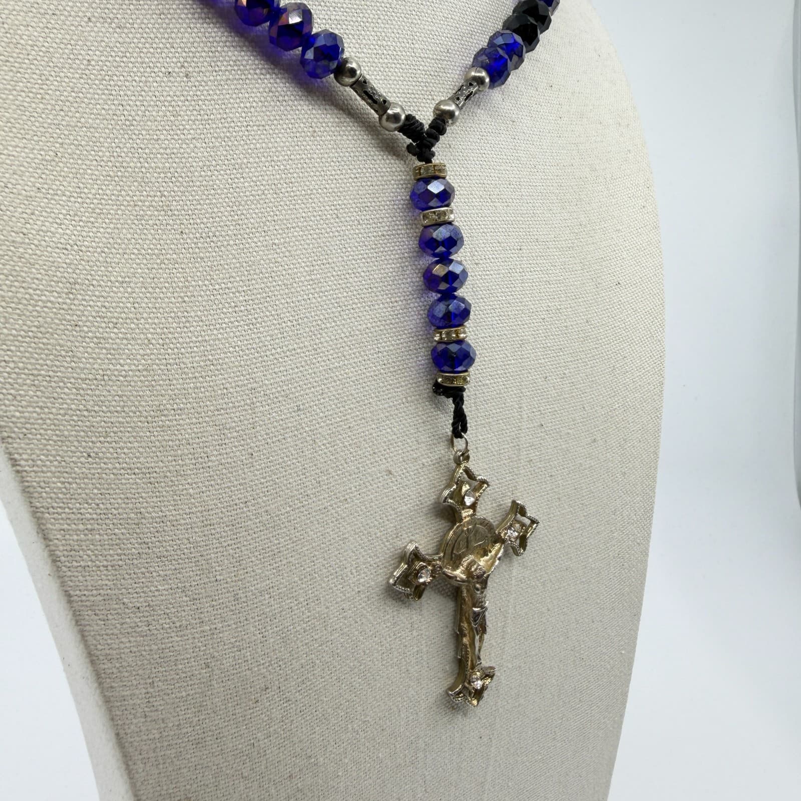 Deep Blue Crystal Beads Rosary Necklace with Rhinestone Crucifix Statement Piece - Thumbnail 6