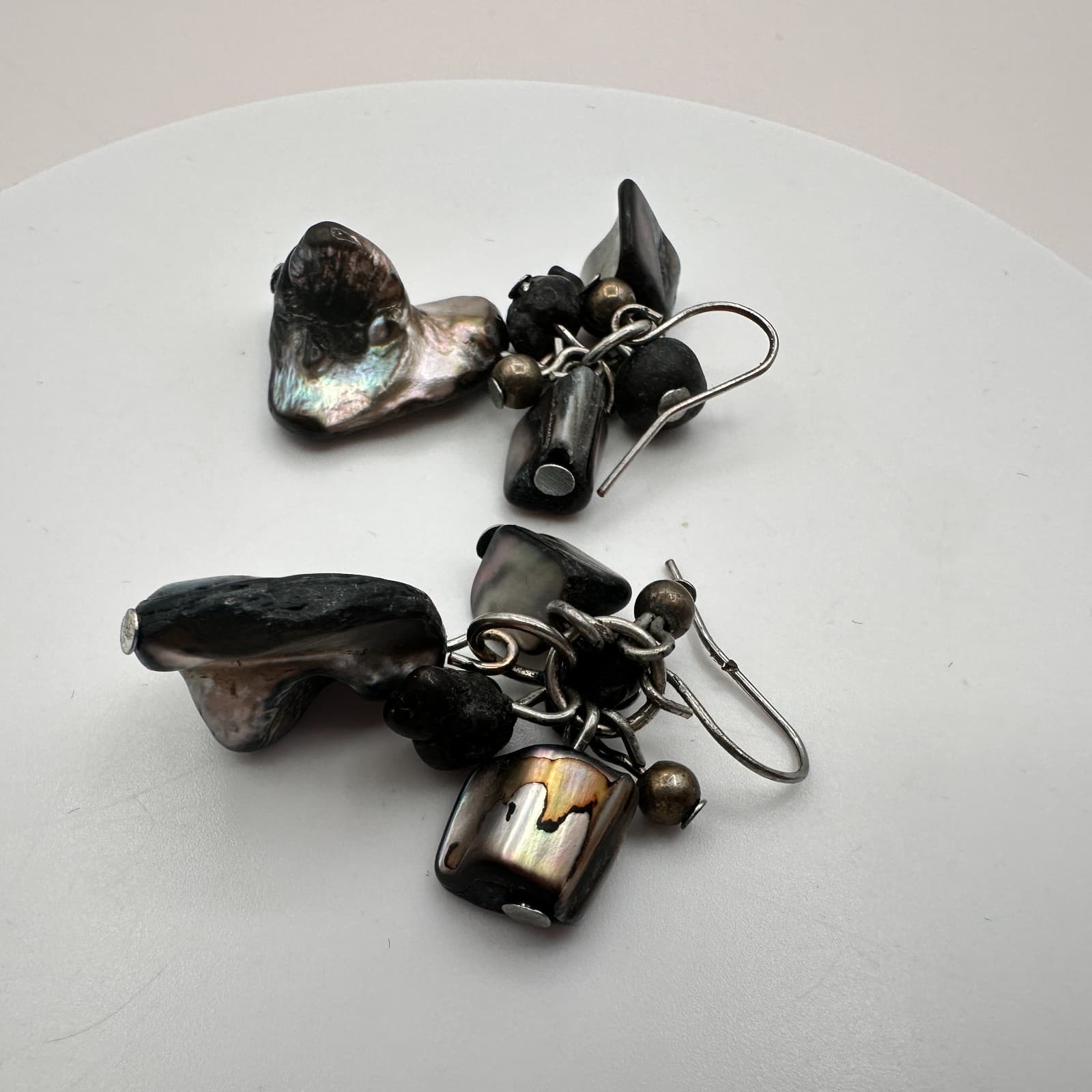 Vintage Y2K Silver Tone Iridescent Shell Beaded Dangle Earrings Women's Jewelry - Thumbnail 5
