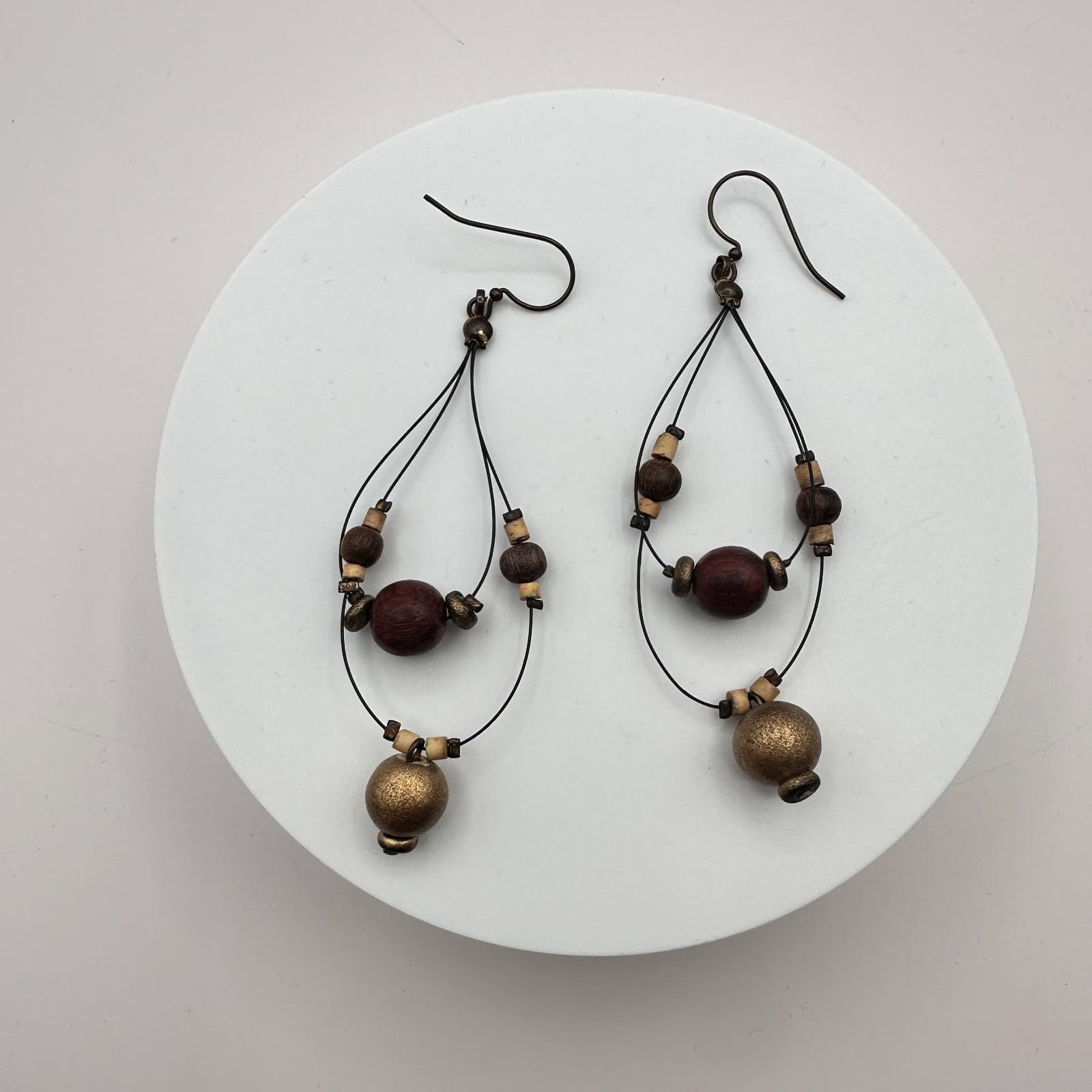 Vintage 90s Wooden Brass Tone Beaded Teardrop Dangle Earrings Women's Jewelry - Thumbnail 3