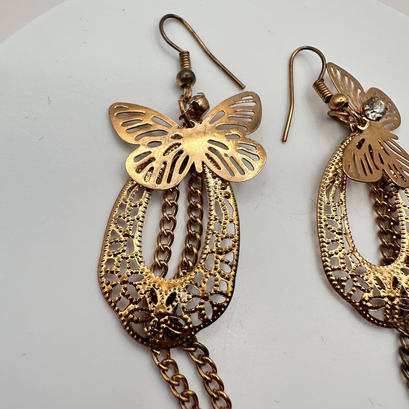 Vintage 90s Gold Tone Butterfly Filigree Dangle Earrings Women's Classic Jewelry - Thumbnail 3