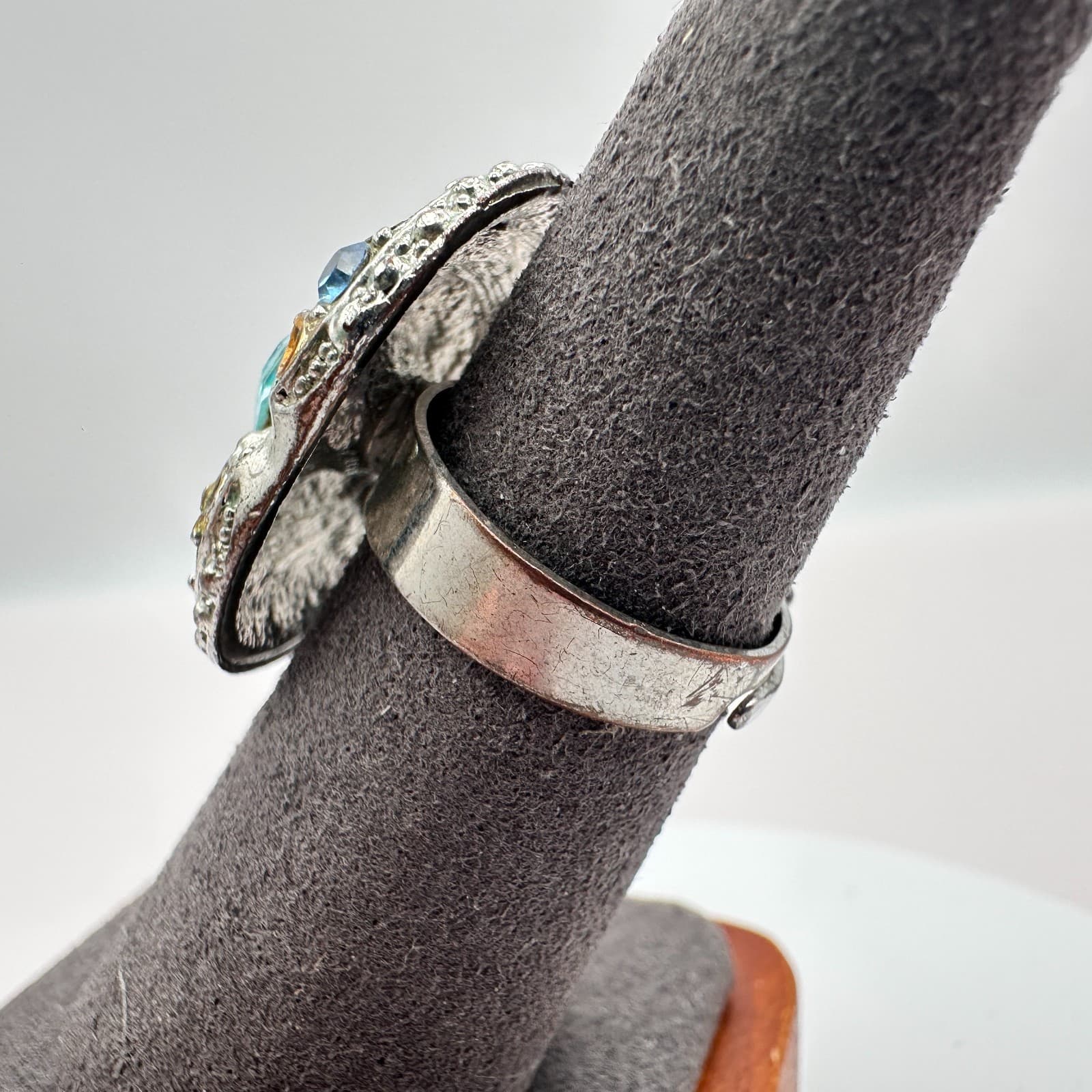 Vintage 90s Silver Tone Rhinestone Statement Ring Boho Women's Classic Jewelry - Thumbnail 5