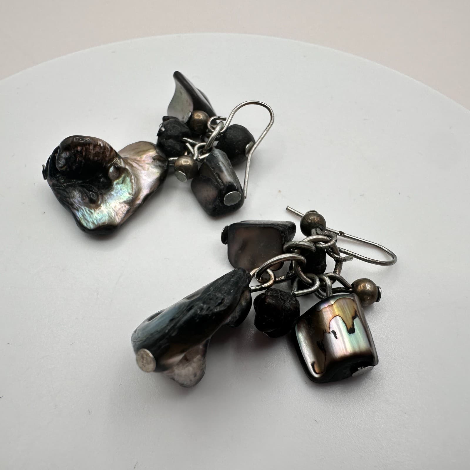 Vintage Y2K Silver Tone Iridescent Shell Beaded Dangle Earrings Women's Jewelry - Thumbnail 4