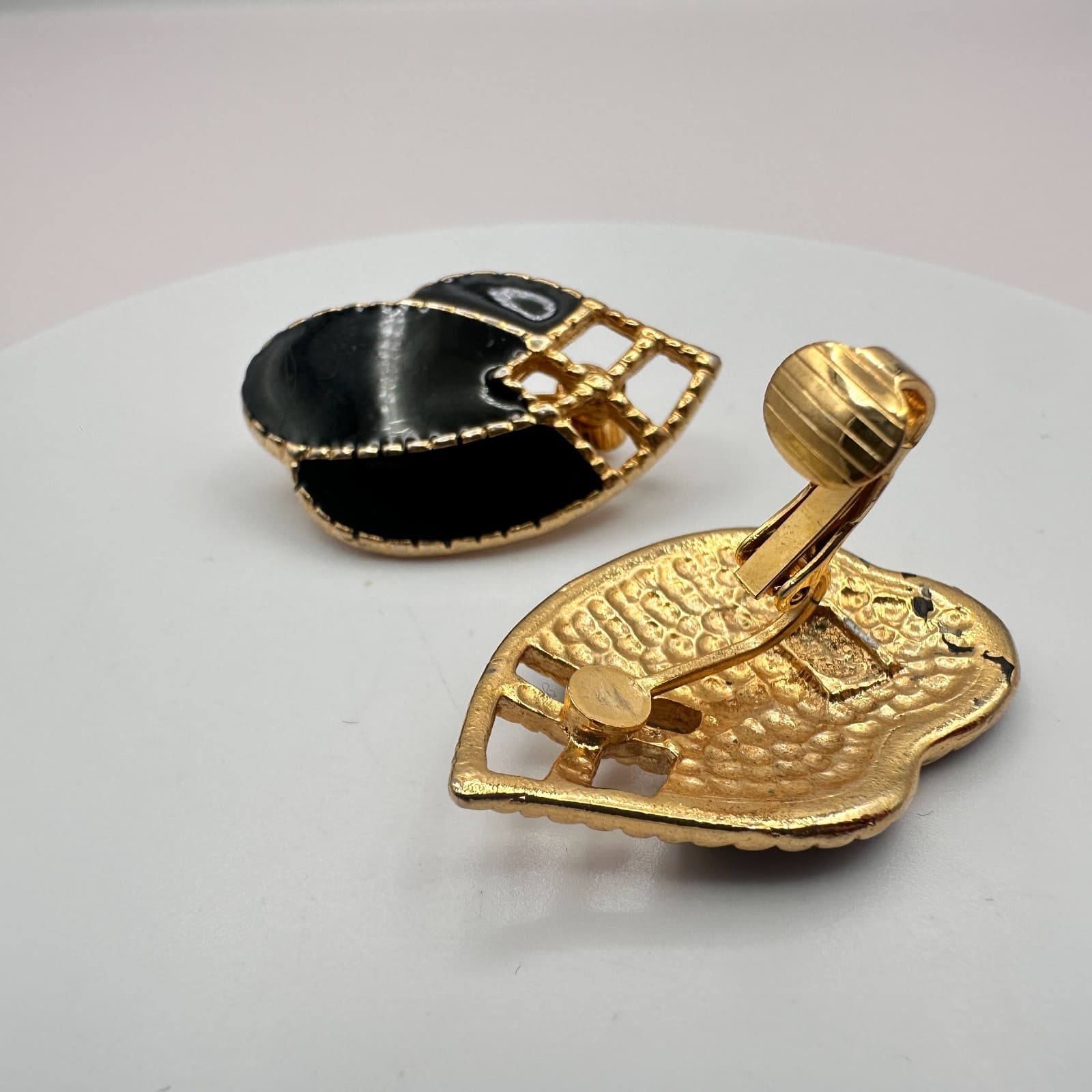 Vintage 90s Gold Tone Black Enamel Abstract Teardrop Earrings Women's Jewelry - Thumbnail 6