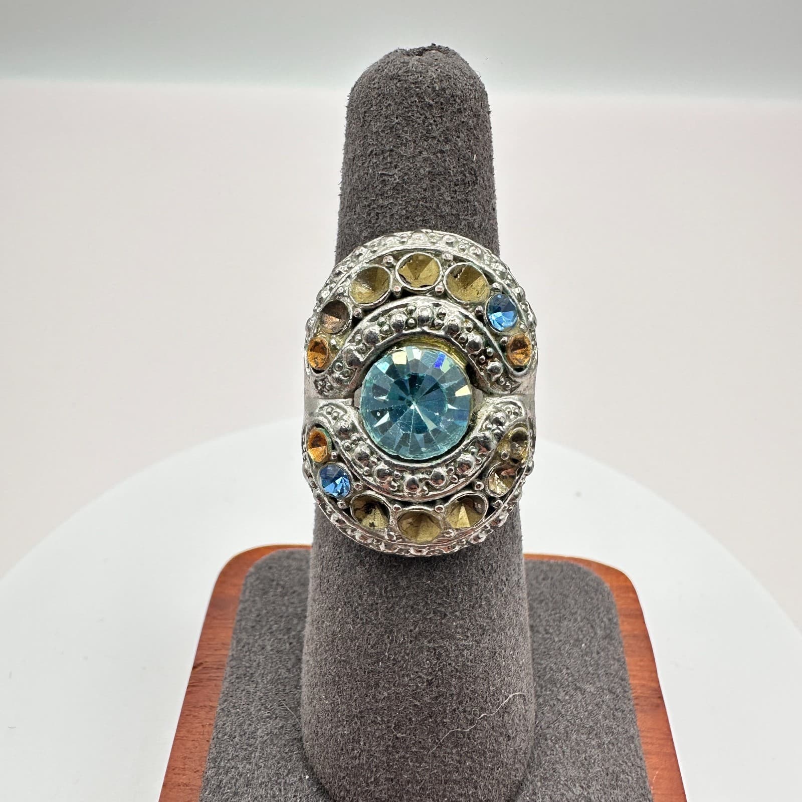Vintage 90s Silver Tone Rhinestone Statement Ring Boho Women's Classic Jewelry - Thumbnail 2