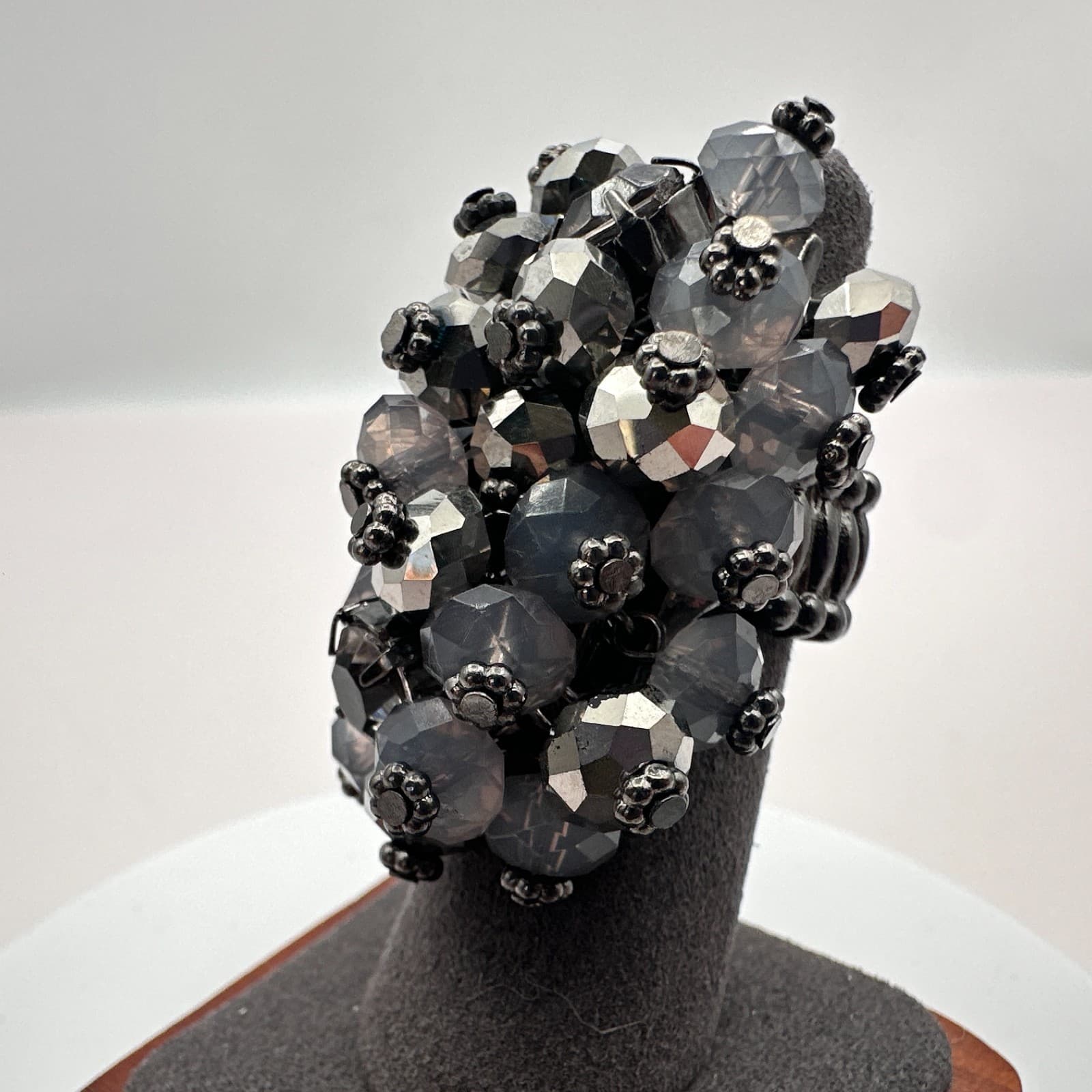 Vintage Silver Faux Hematite Black Diamond Cluster Stretch Ring Cocktail Boho - Thumbnail 5