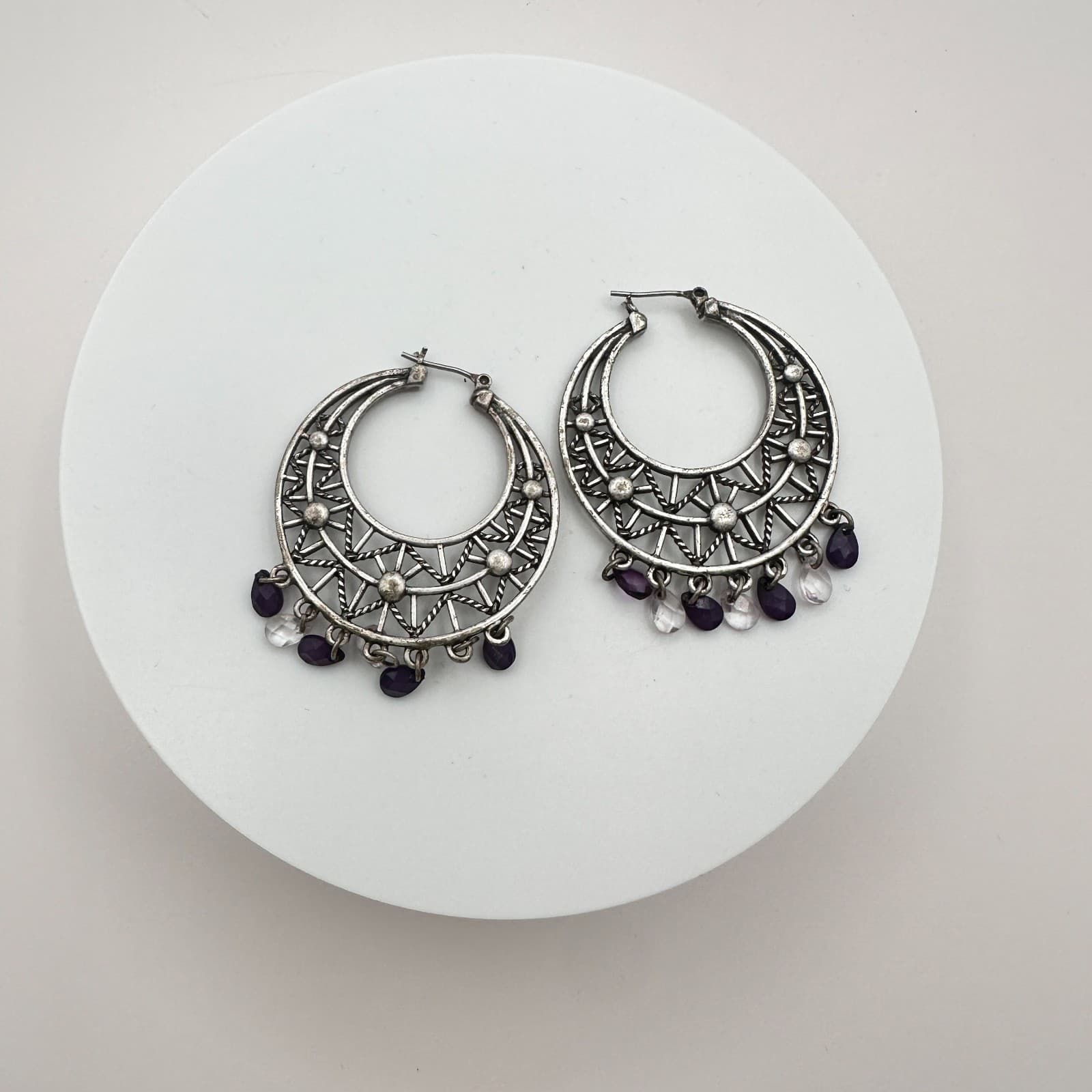 Vintage 90s Silver Tone Purple Beaded Geometric Hoop Earrings Women's Jewelry - Thumbnail 3