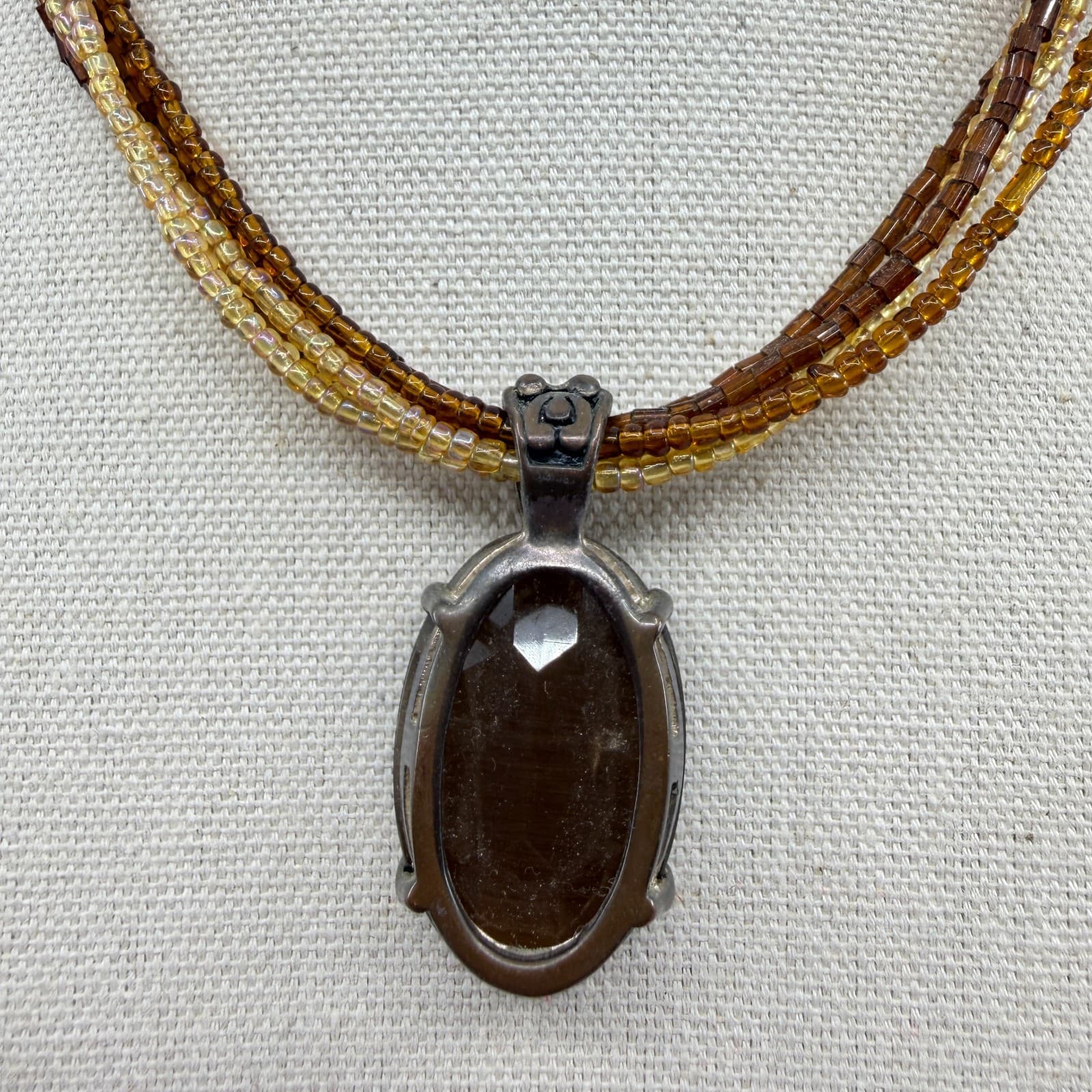 Multi-Strand Beaded Necklace with Oval Brown Gemstone Pendant Boho Statement - Thumbnail 2