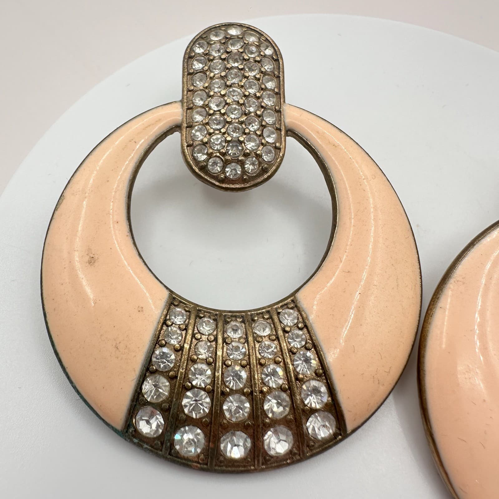 Vintage 80s Gold Tone Peach Enamel Rhinestone Door Knocker Earrings Jewelry Boho - Thumbnail 5