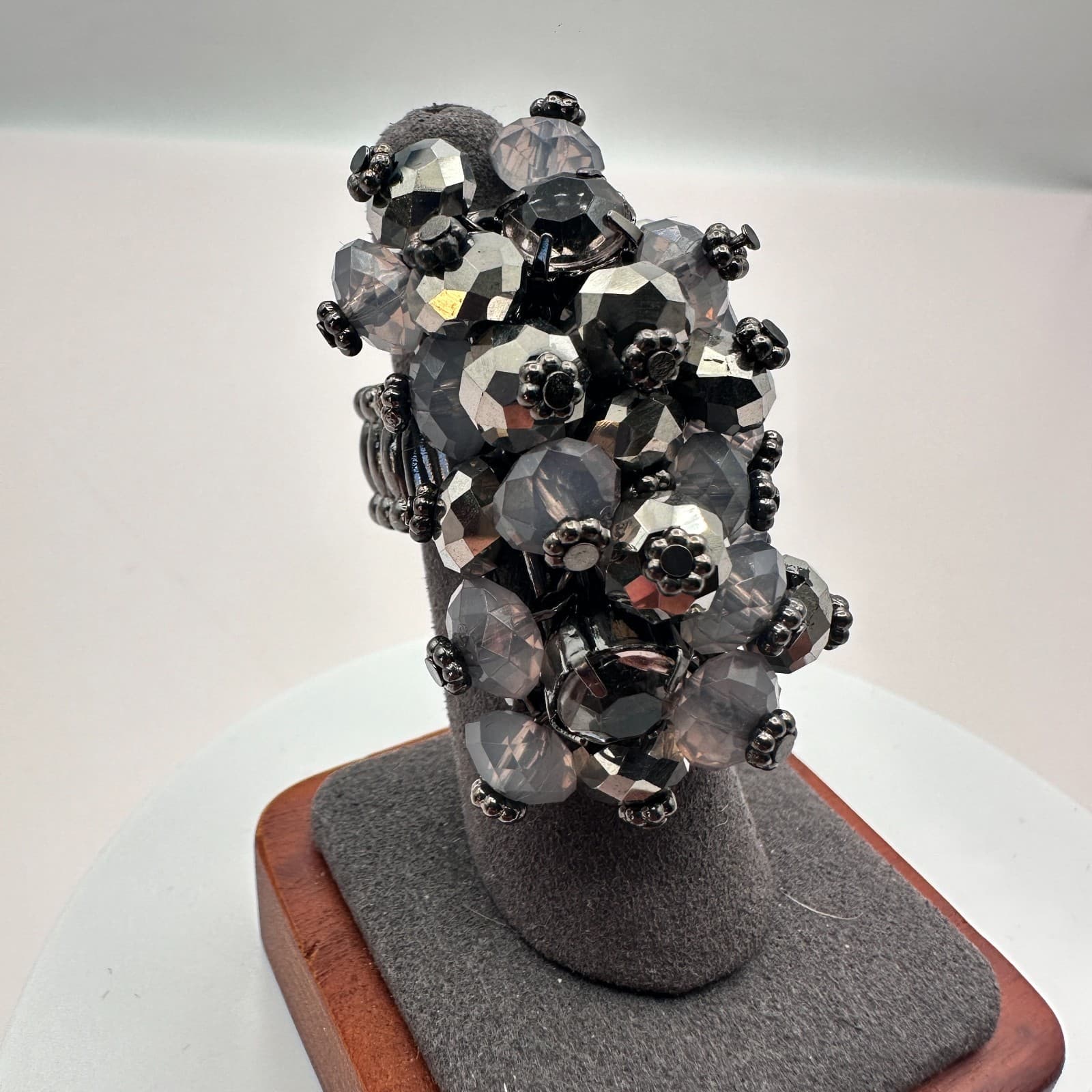 Vintage Silver Faux Hematite Black Diamond Cluster Stretch Ring Cocktail Boho