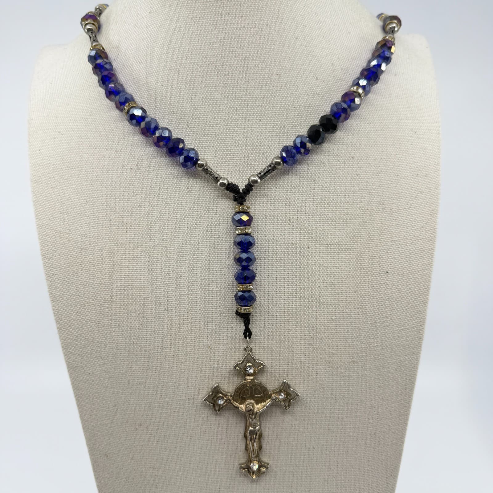 Deep Blue Crystal Beads Rosary Necklace with Rhinestone Crucifix Statement Piece - Thumbnail 4