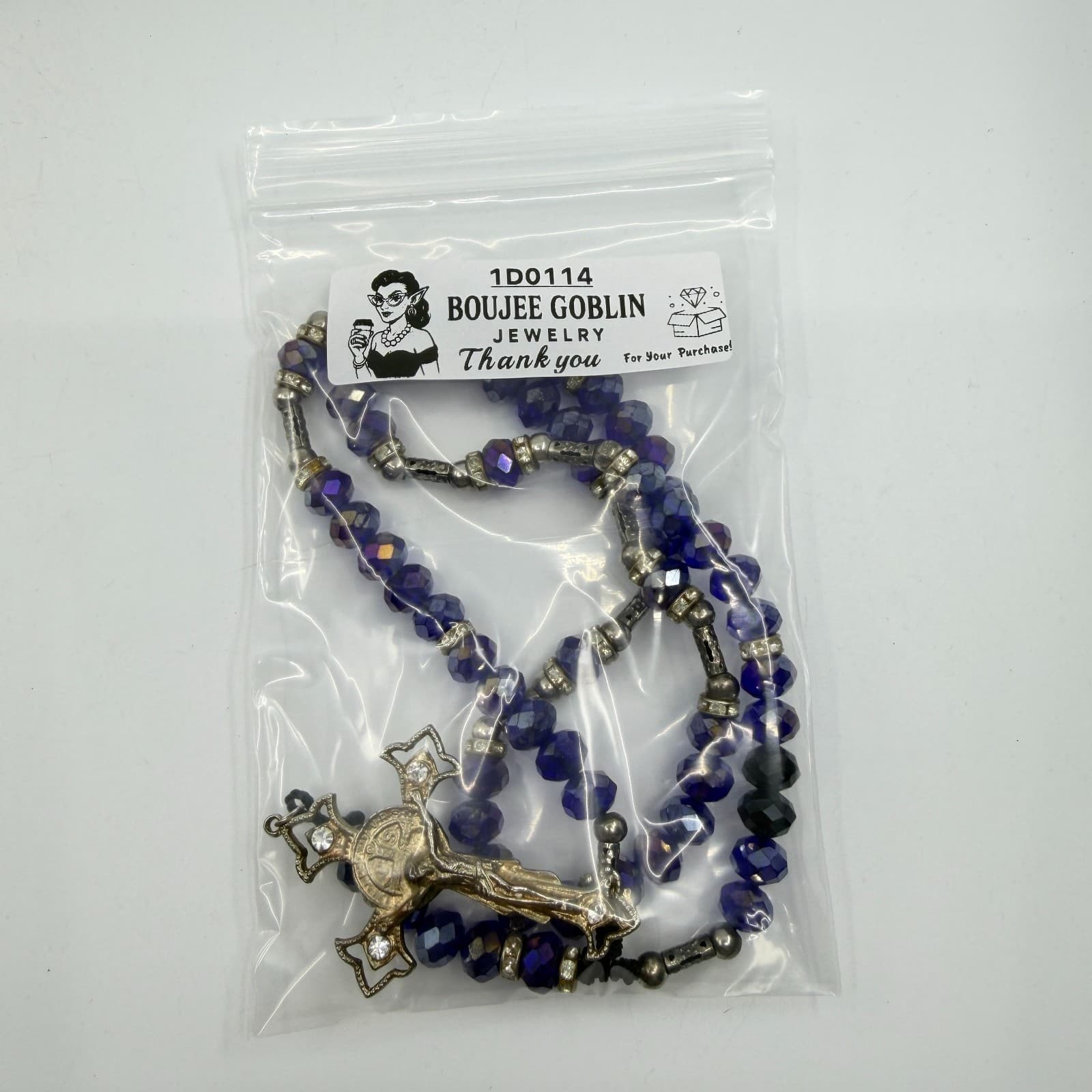 Deep Blue Crystal Beads Rosary Necklace with Rhinestone Crucifix Statement Piece - Thumbnail 11