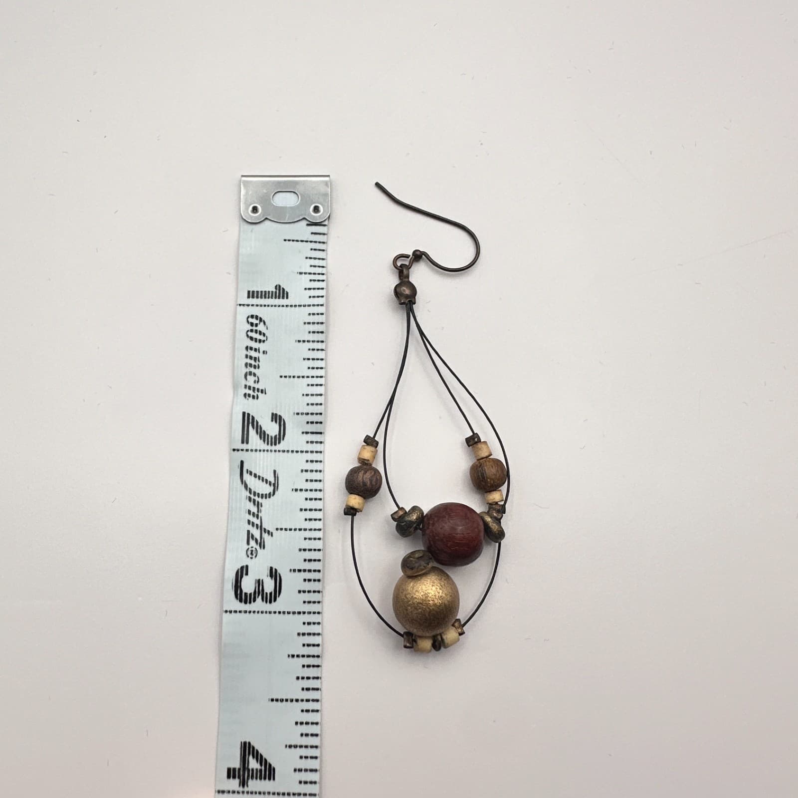 Vintage 90s Wooden Brass Tone Beaded Teardrop Dangle Earrings Women's Jewelry - Thumbnail 9