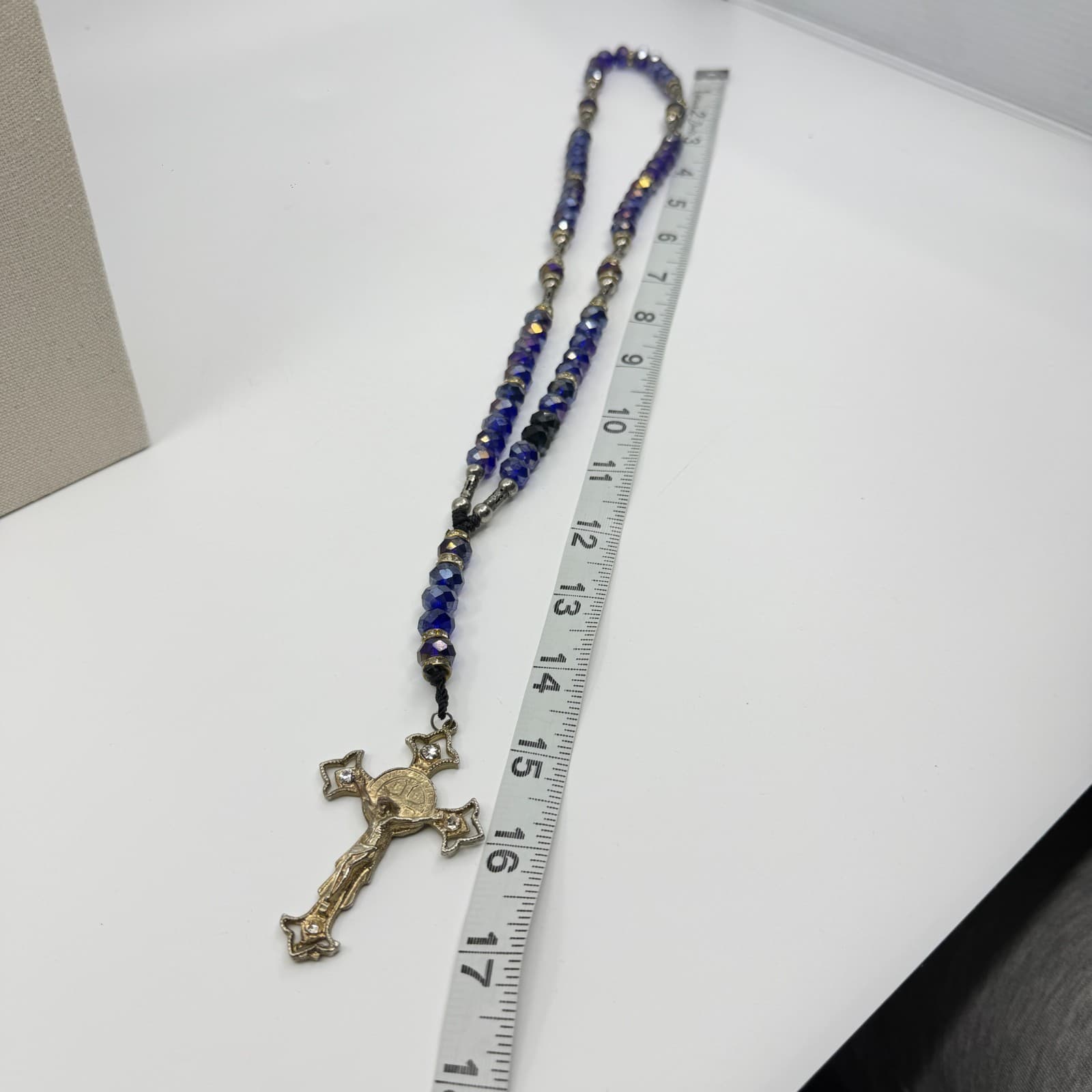 Deep Blue Crystal Beads Rosary Necklace with Rhinestone Crucifix Statement Piece - Thumbnail 10
