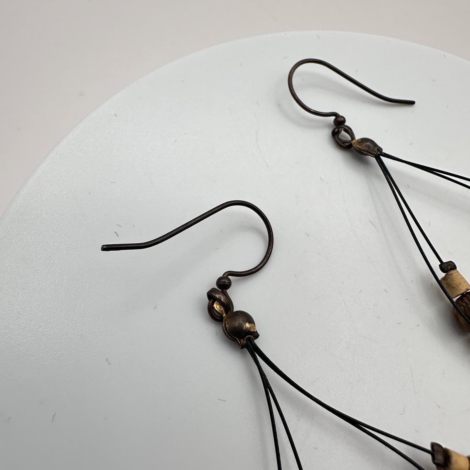 Vintage 90s Wooden Brass Tone Beaded Teardrop Dangle Earrings Women's Jewelry - Thumbnail 7