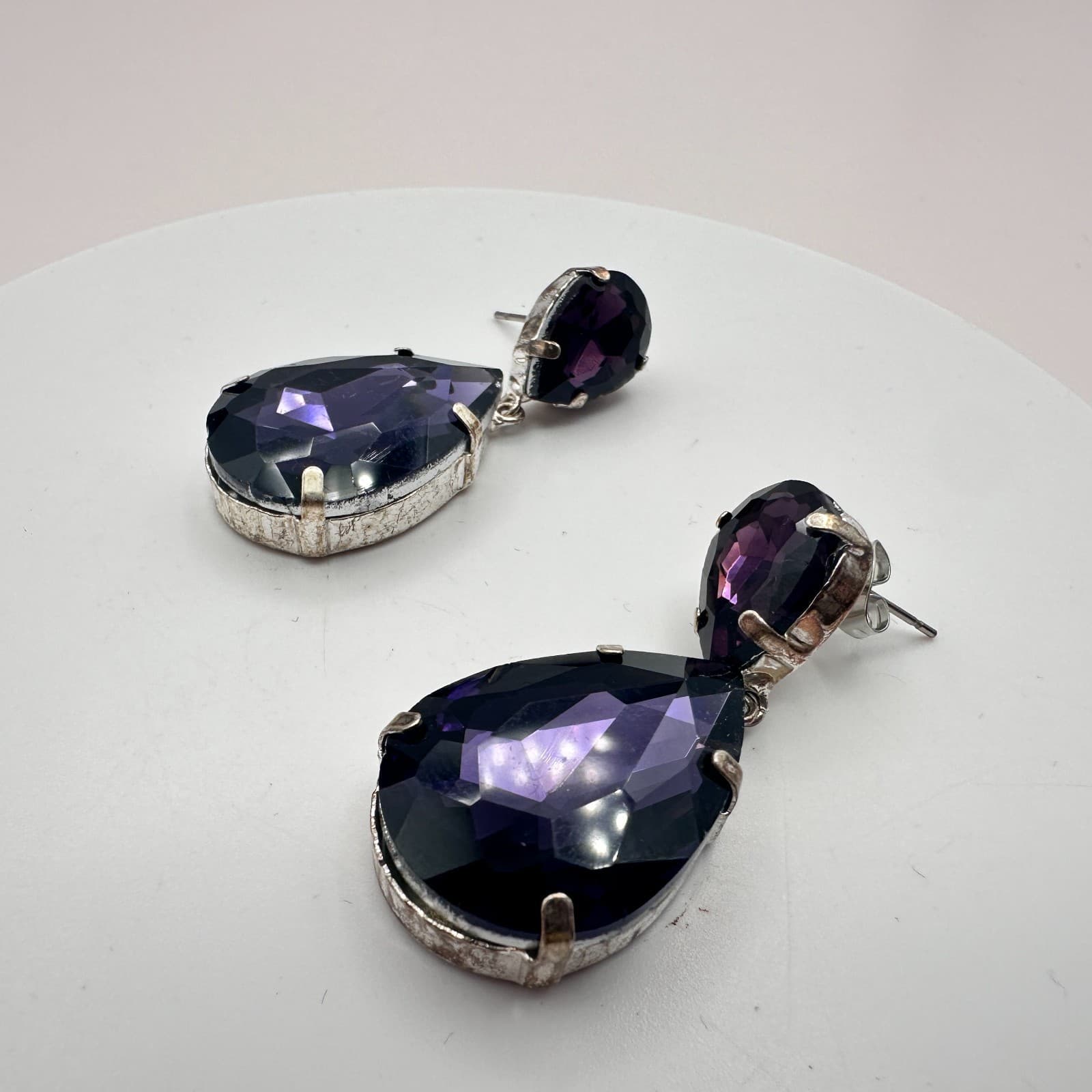Vintage 90s Silver Tone Purple Teardrop Dangle Earrings Women's Classic Jewelry - Thumbnail 7