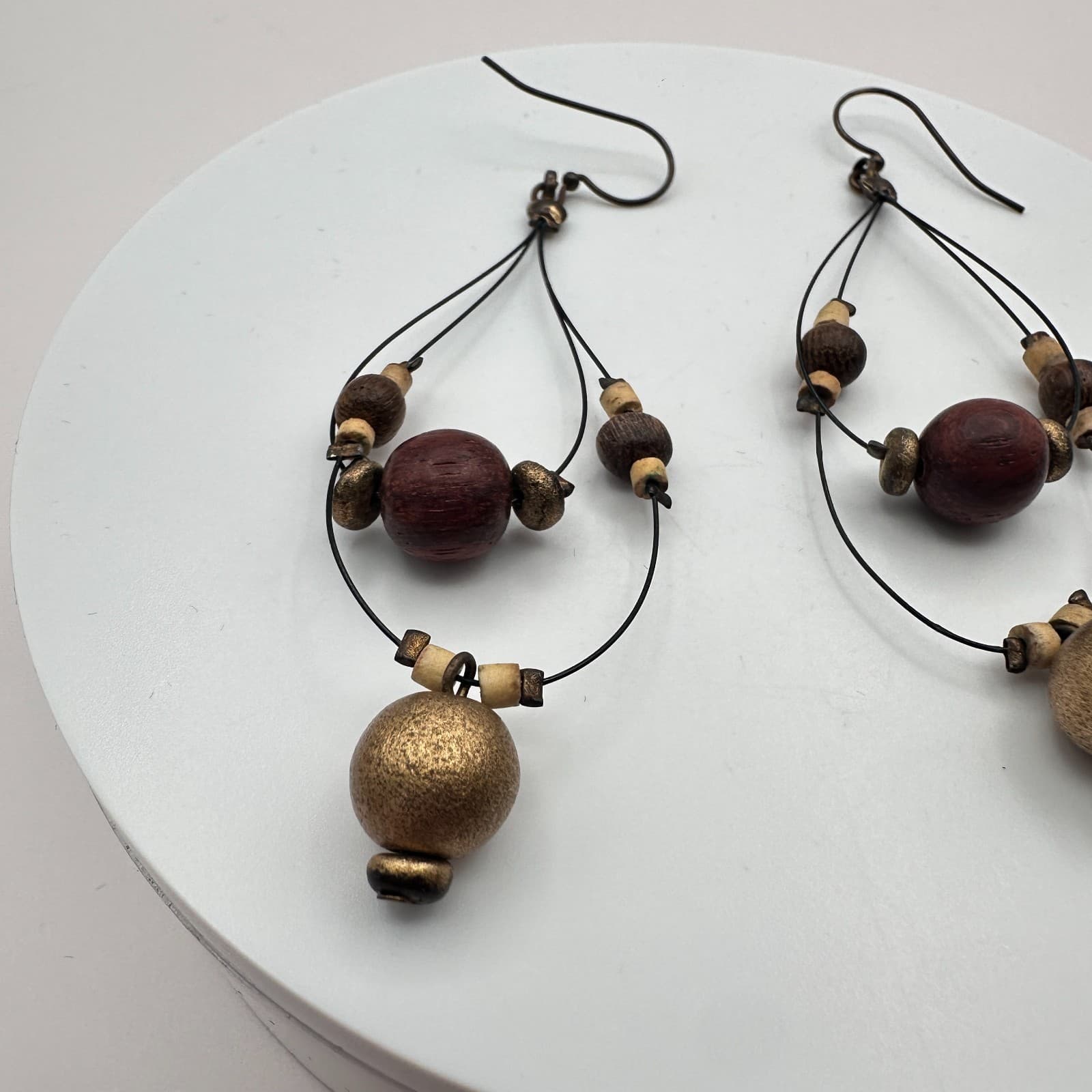 Vintage 90s Wooden Brass Tone Beaded Teardrop Dangle Earrings Women's Jewelry - Thumbnail 5