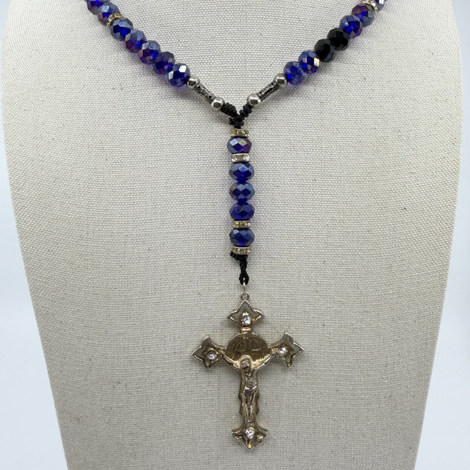 Deep Blue Crystal Beads Rosary Necklace with Rhinestone Crucifix Statement Piece - Thumbnail 2