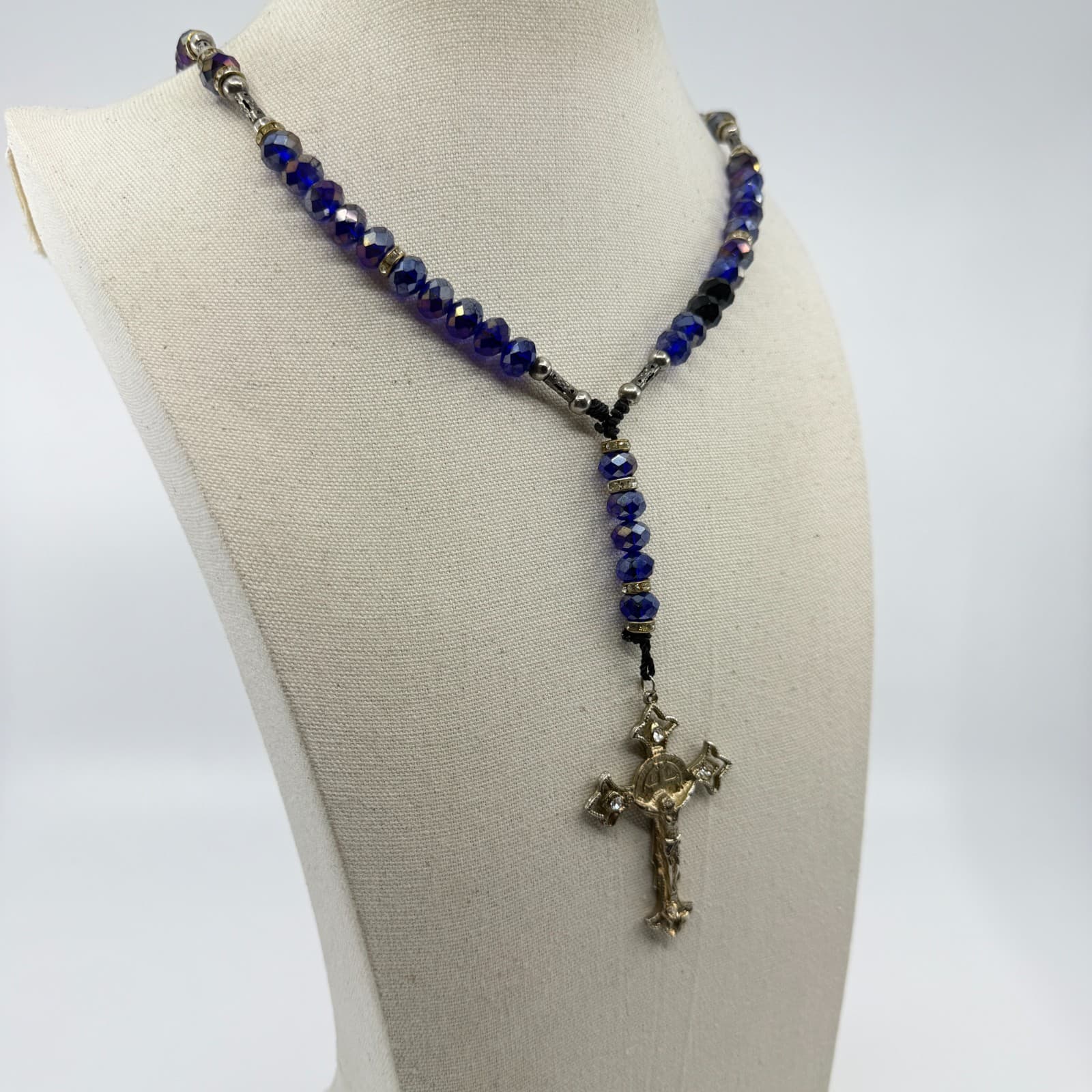 Deep Blue Crystal Beads Rosary Necklace with Rhinestone Crucifix Statement Piece - Thumbnail 7