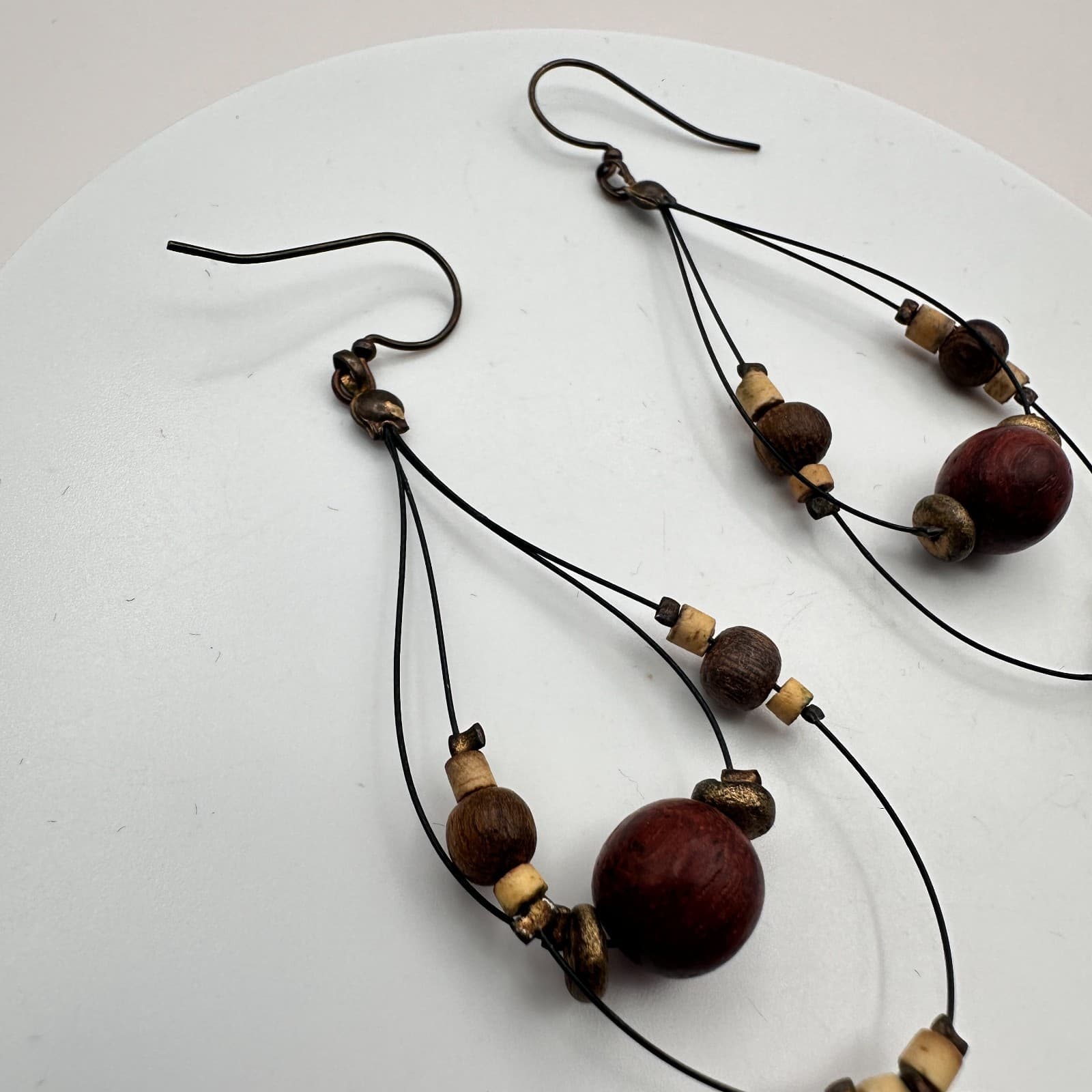 Vintage 90s Wooden Brass Tone Beaded Teardrop Dangle Earrings Women's Jewelry - Thumbnail 6