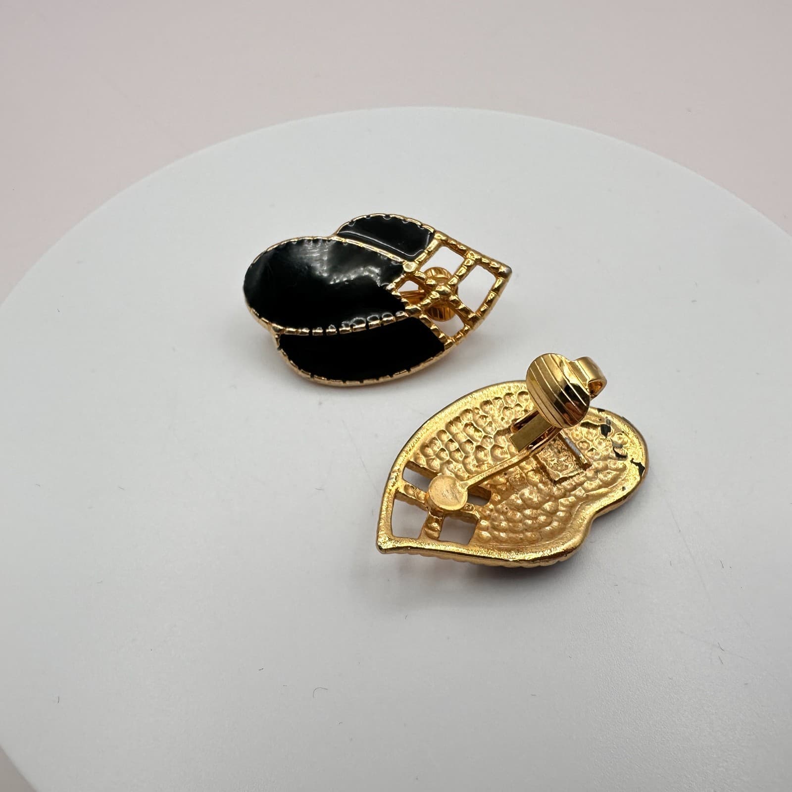 Vintage 90s Gold Tone Black Enamel Abstract Teardrop Earrings Women's Jewelry - Thumbnail 7