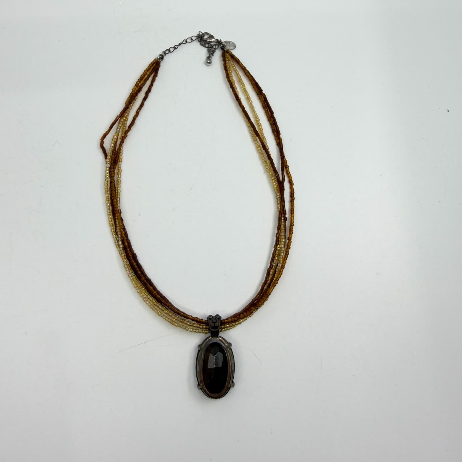 Multi-Strand Beaded Necklace with Oval Brown Gemstone Pendant Boho Statement - Thumbnail 8
