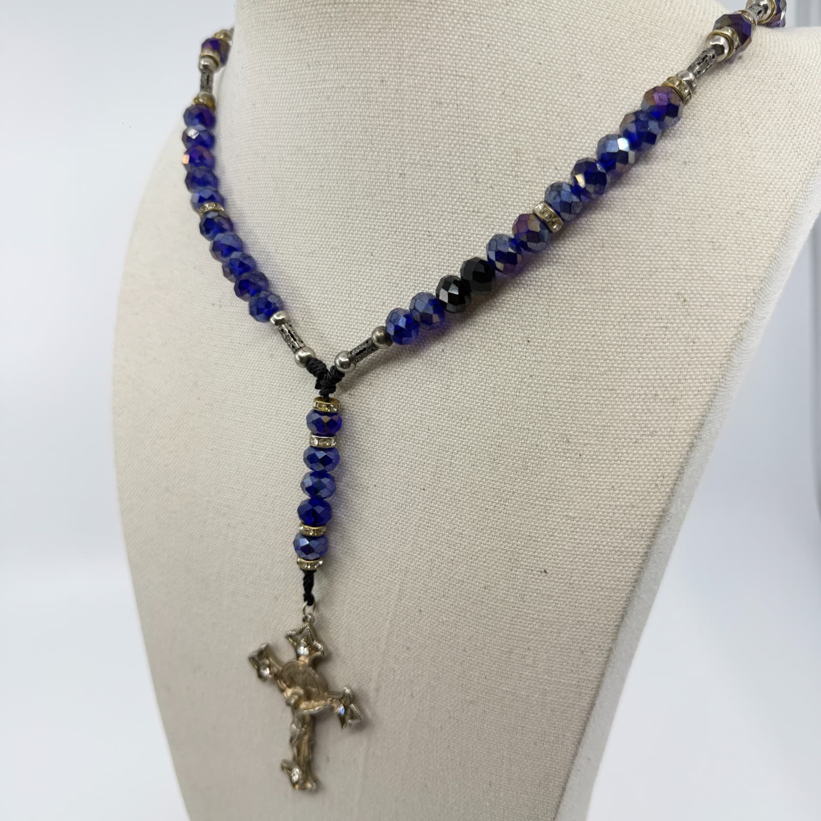 Deep Blue Crystal Beads Rosary Necklace with Rhinestone Crucifix Statement Piece - Thumbnail 8
