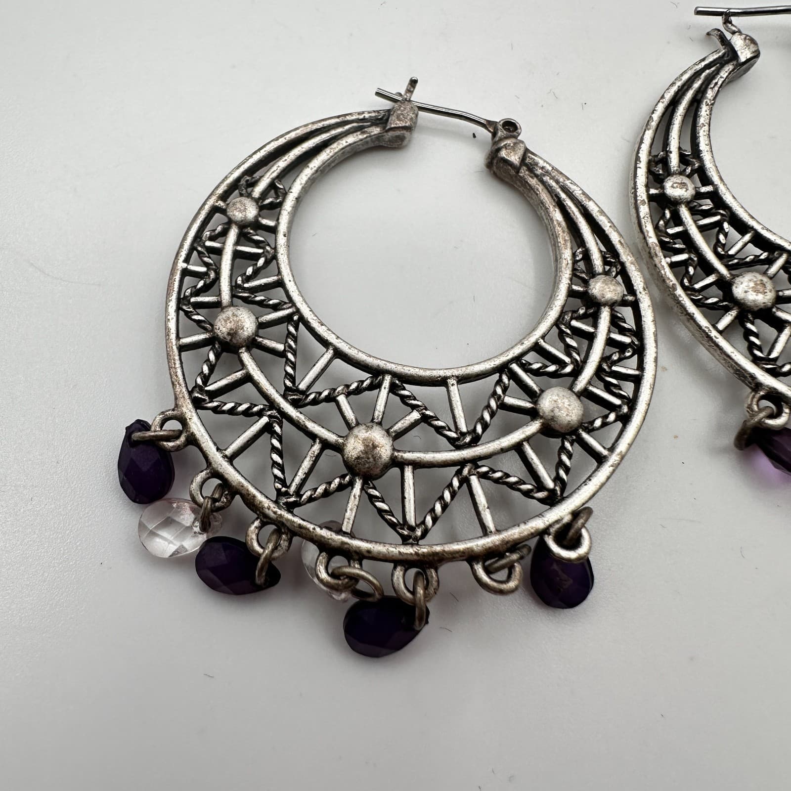Vintage 90s Silver Tone Purple Beaded Geometric Hoop Earrings Women's Jewelry - Thumbnail 4