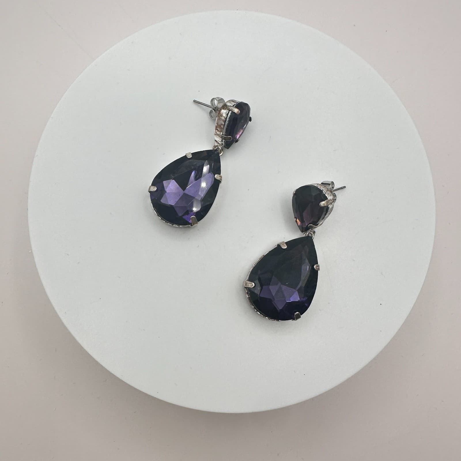 Vintage 90s Silver Tone Purple Teardrop Dangle Earrings Women's Classic Jewelry - Thumbnail 4