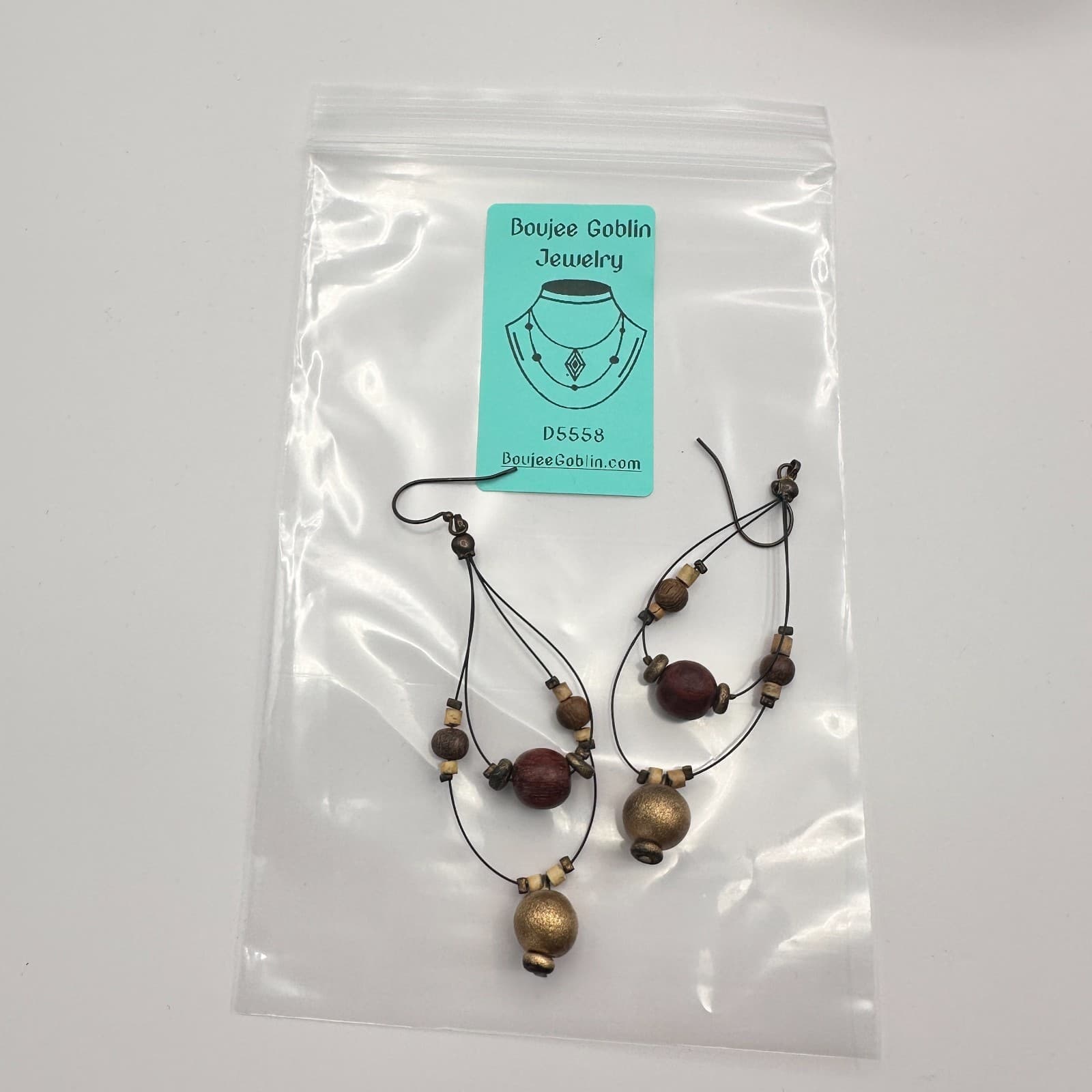 Vintage 90s Wooden Brass Tone Beaded Teardrop Dangle Earrings Women's Jewelry - Thumbnail 10